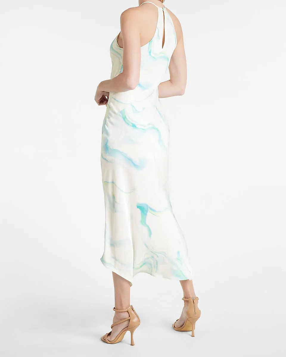 Abstract Marble Print Satin Asymmetrical Hem Maxi Slip Dress in White Print