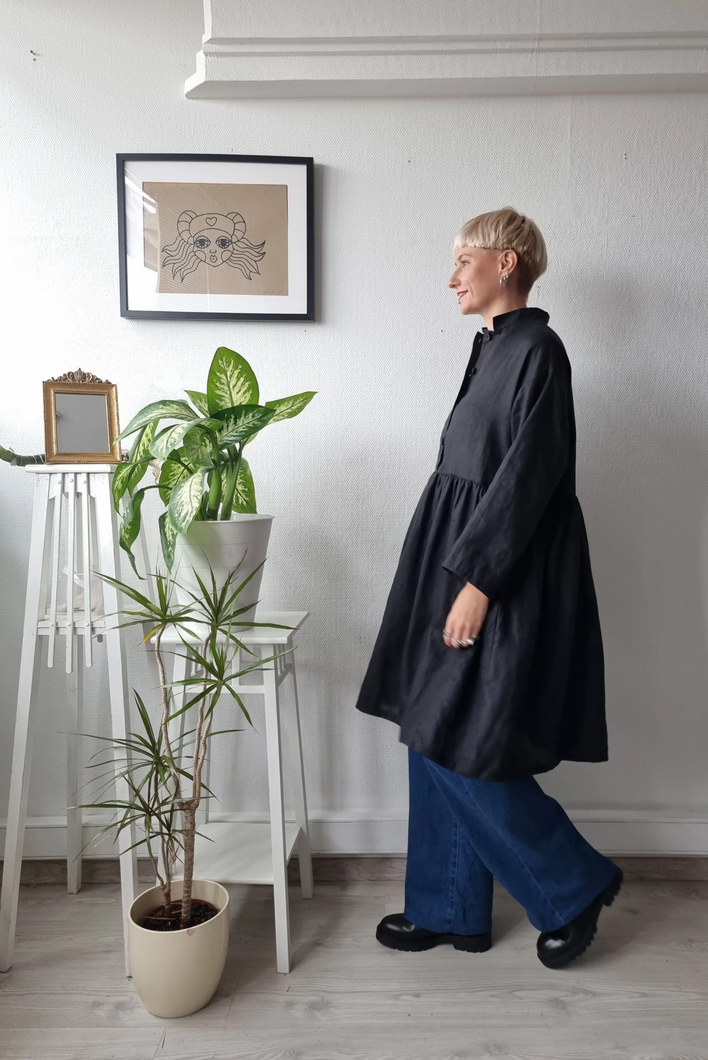 All Black Linen Oversized Mini Shirt Dress