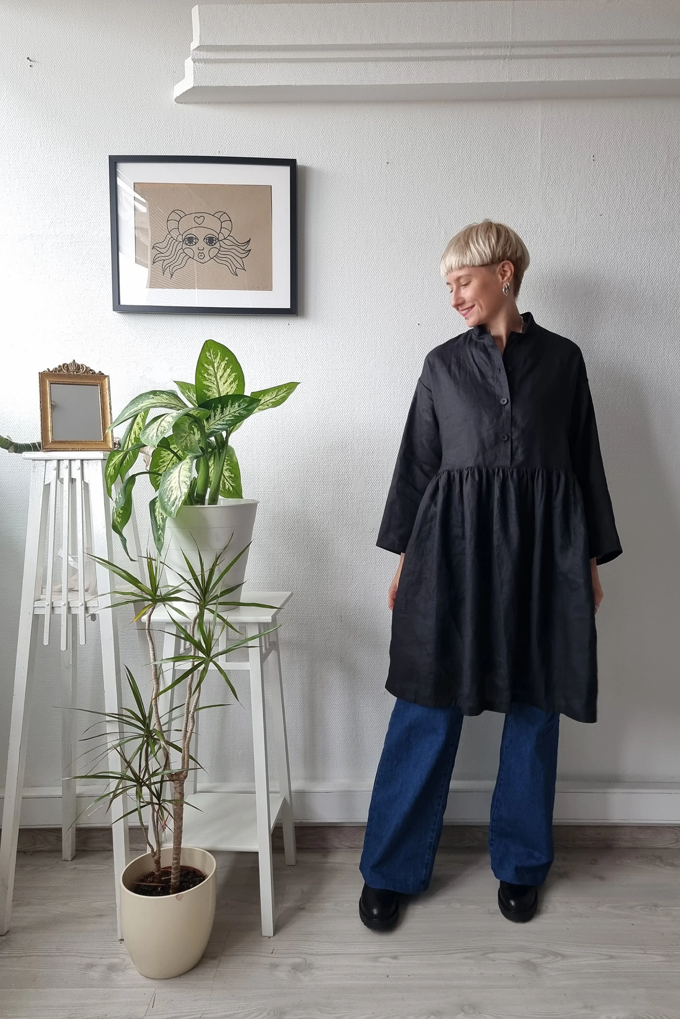All Black Linen Oversized Mini Shirt Dress