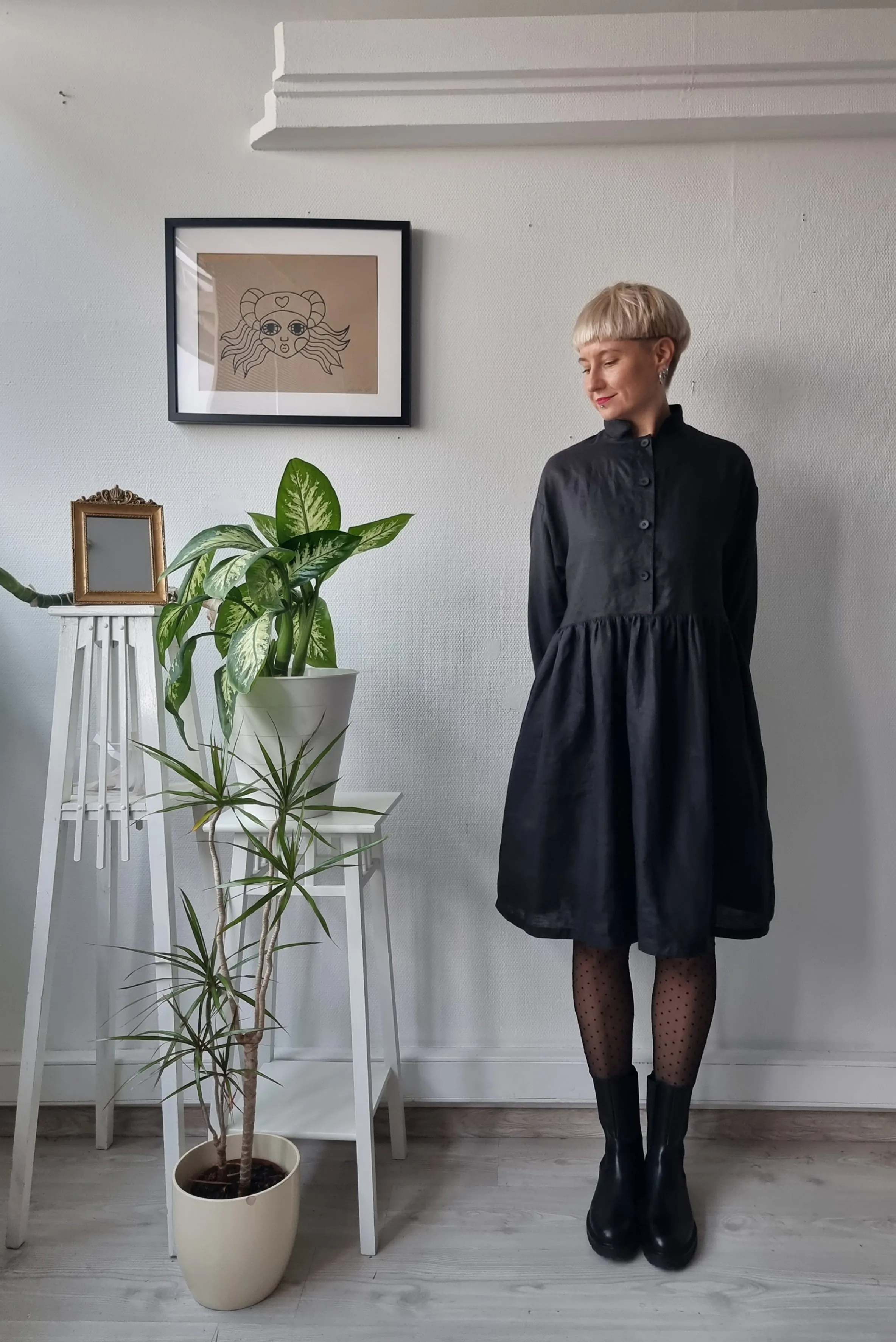 All Black Linen Oversized Mini Shirt Dress