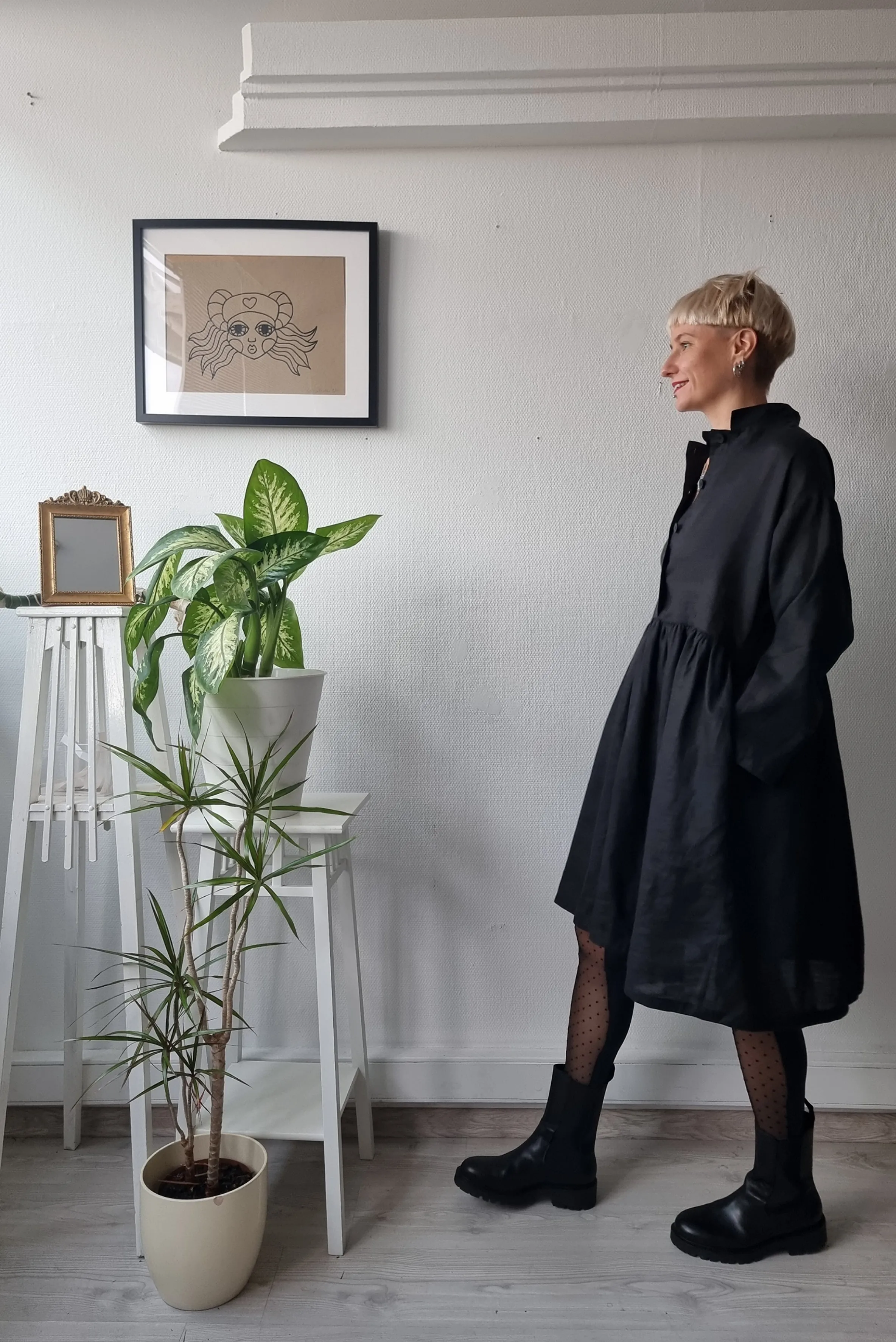 All Black Linen Oversized Mini Shirt Dress