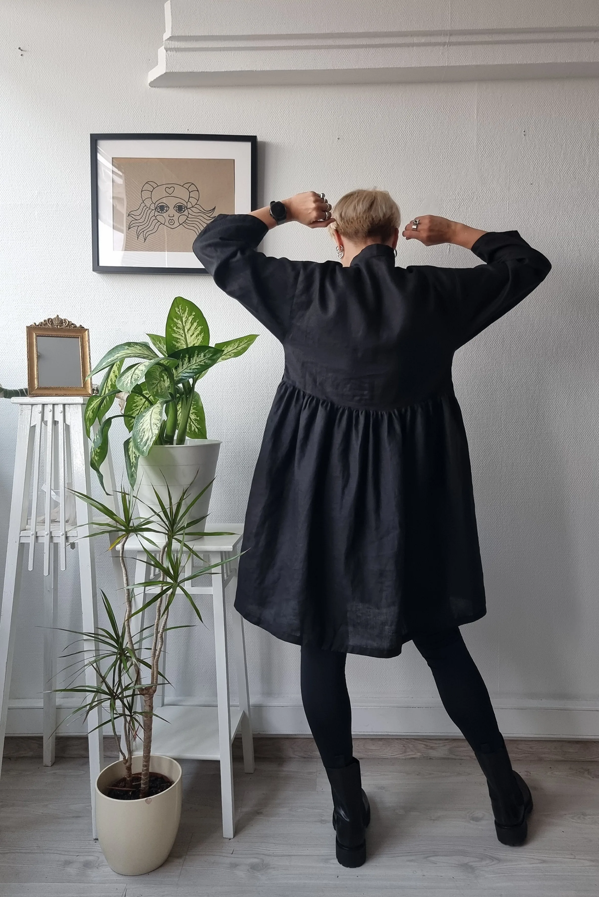 All Black Linen Oversized Mini Shirt Dress