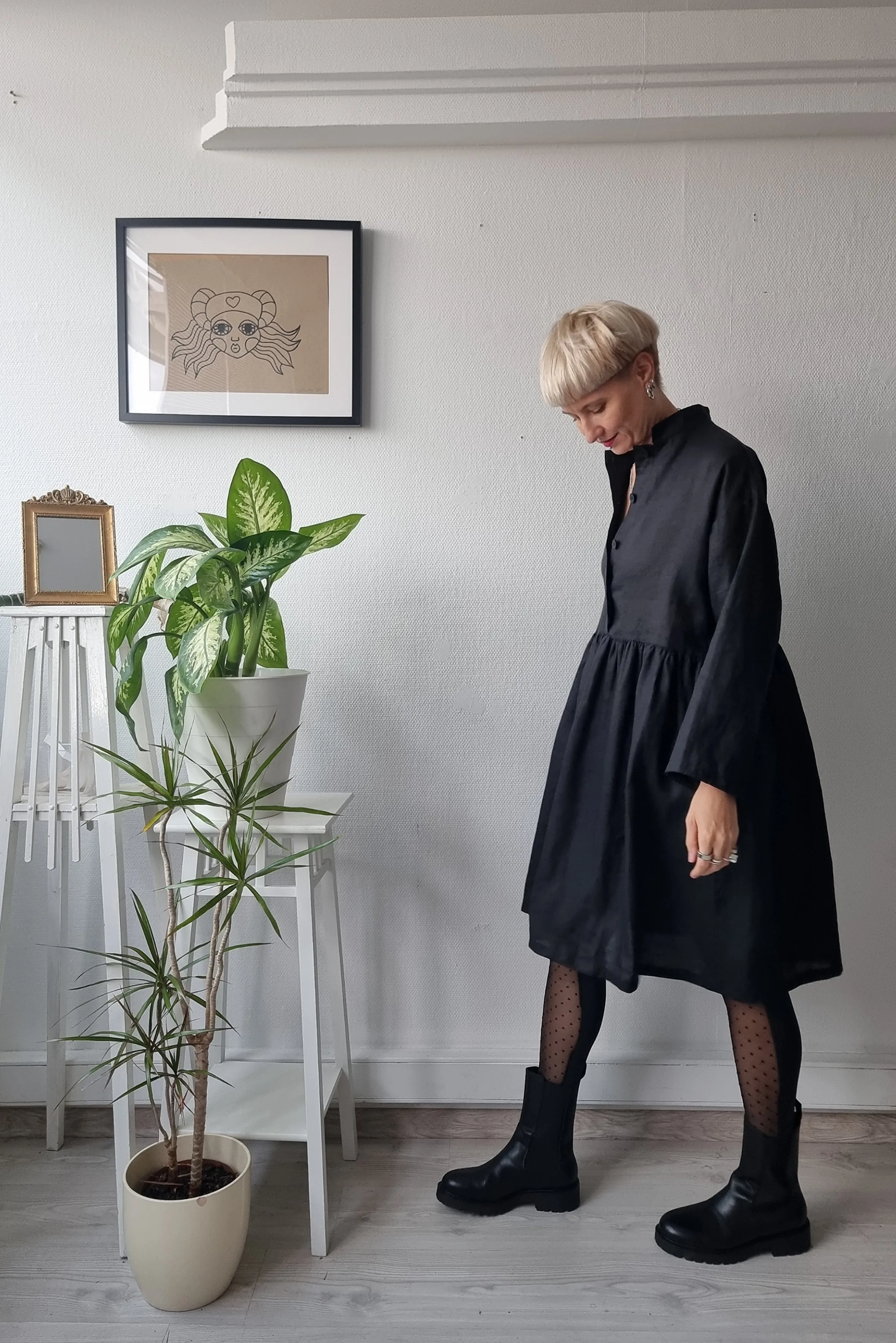 All Black Linen Oversized Mini Shirt Dress