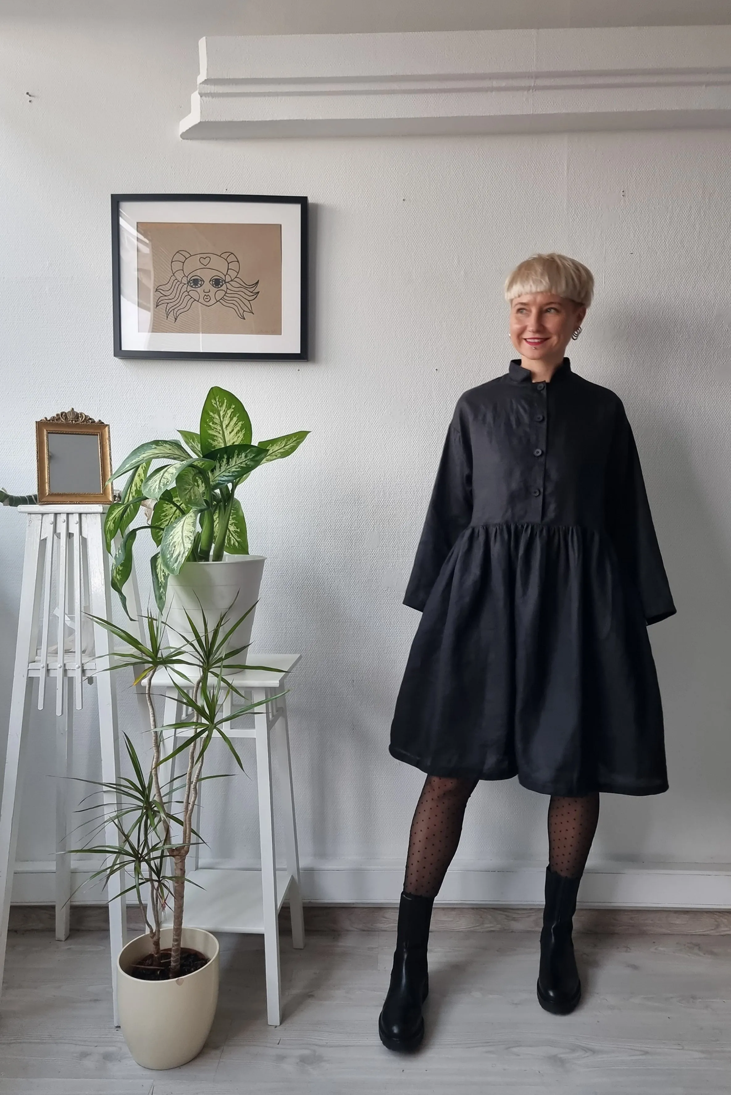 All Black Linen Oversized Mini Shirt Dress