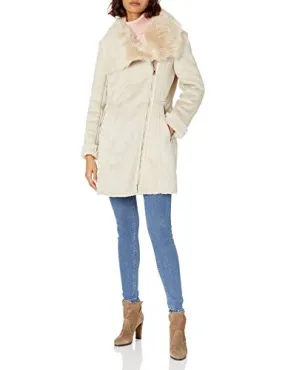 Calvin Klein Women's SHRARLING with ASYTMETRICAL Zipper Detail and Faux Fur Trimmed Collar, Latte, Medium