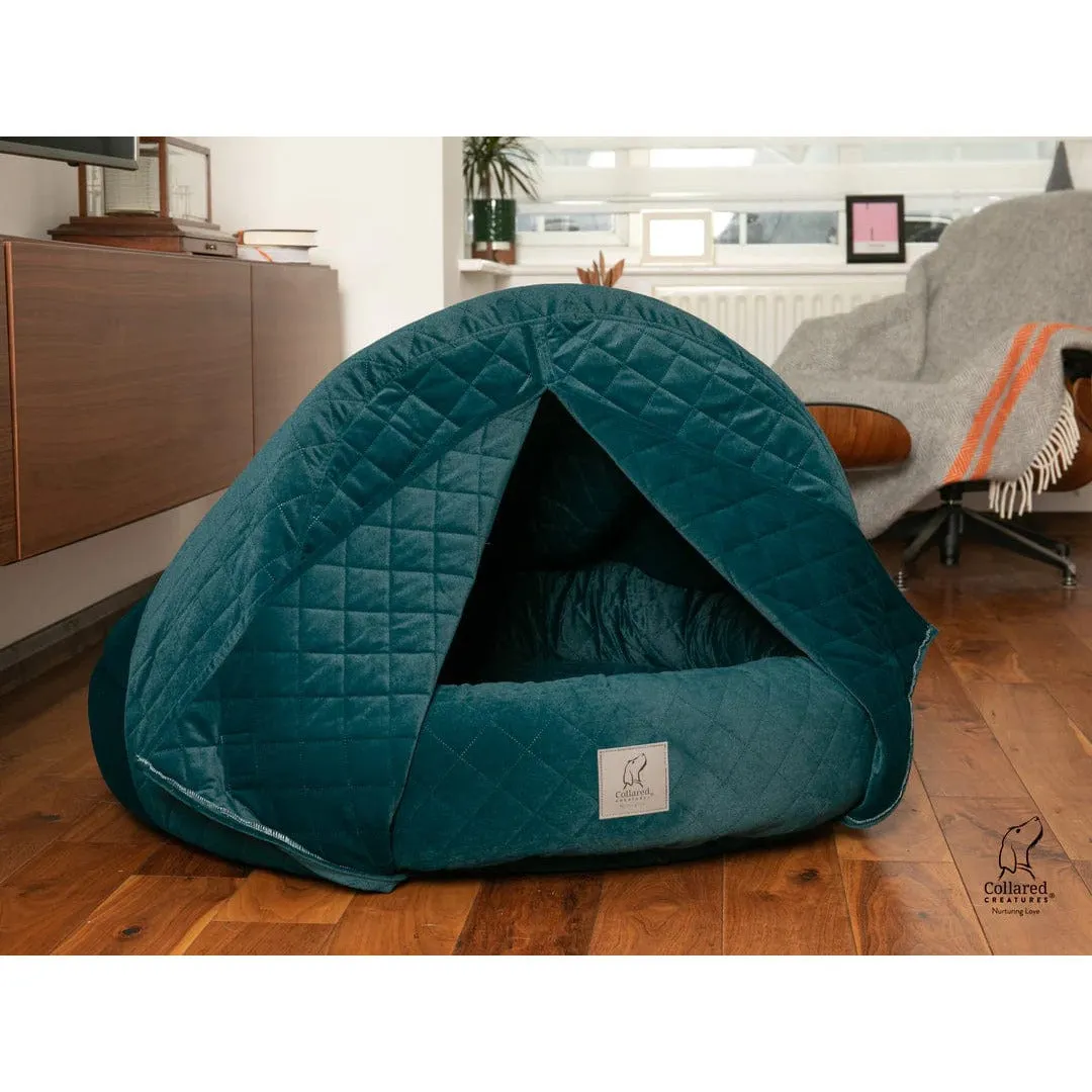 Collared Creatures Teal Quilted Velour Deluxe Comfort Cocoon Dog Cave Bed