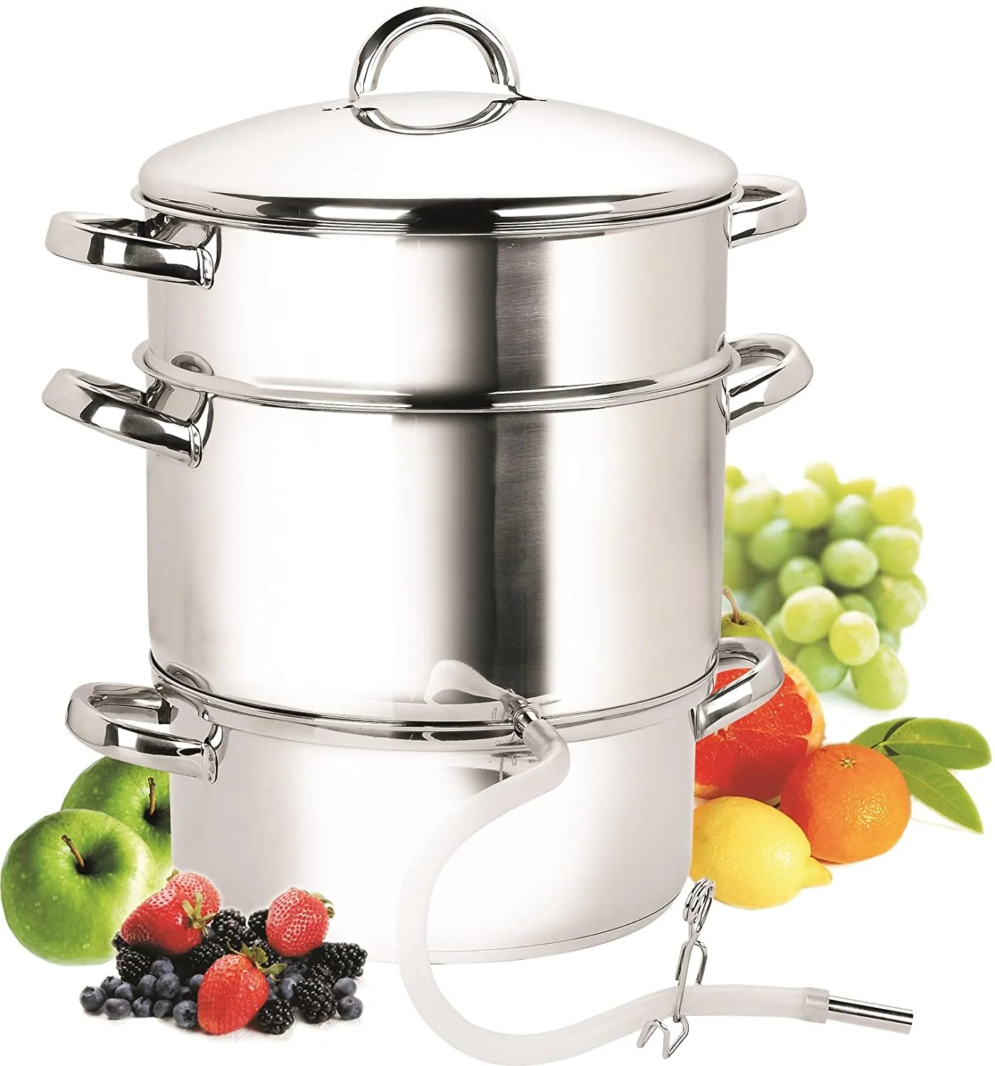 Cook N Home Basics Canning Juice Steamer Extractor Pot 11-Quart, Stainless Steel Multi-Purpose Jelly Steaming Cooking Pot, with Strainer/Loading Pan, Lid, 2 Hoses with Clamp, Mirror Satin