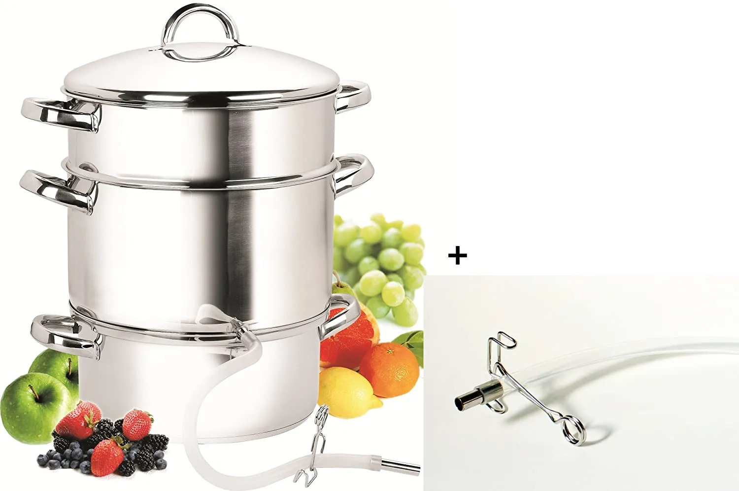 Cook N Home Basics Canning Juice Steamer Extractor Pot 11-Quart, Stainless Steel Multi-Purpose Jelly Steaming Cooking Pot, with Strainer/Loading Pan, Lid, 2 Hoses with Clamp, Mirror Satin