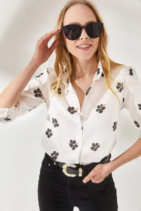 Daisy & Arrow Print Linen Fold Sleeve Woman Blouse, Summer Top, Arrow Blouse, Flower Blouse, Gift for her, 80s blouse, Vintage Blouse
