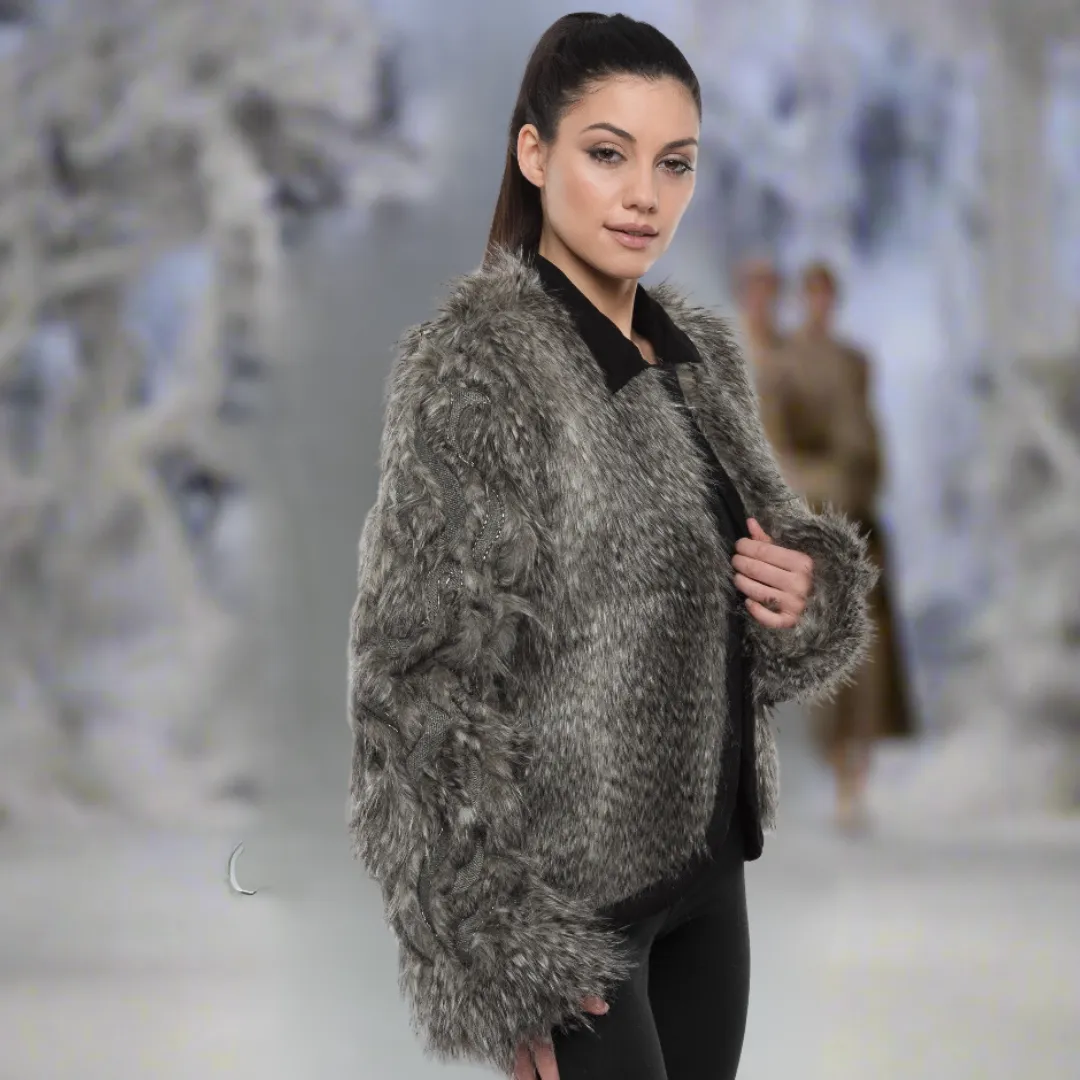 Faux Fur Jacket with Hand Beaded Sleeves