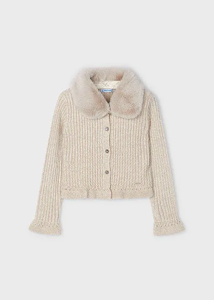 Girl Knit Cardigan with Faux Fur Collar