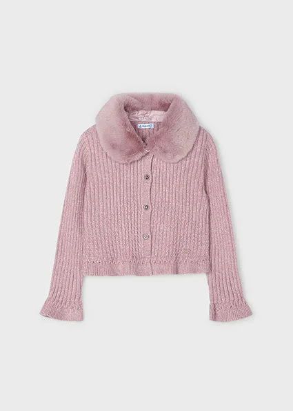 Girl Knit Cardigan with Faux Fur Collar