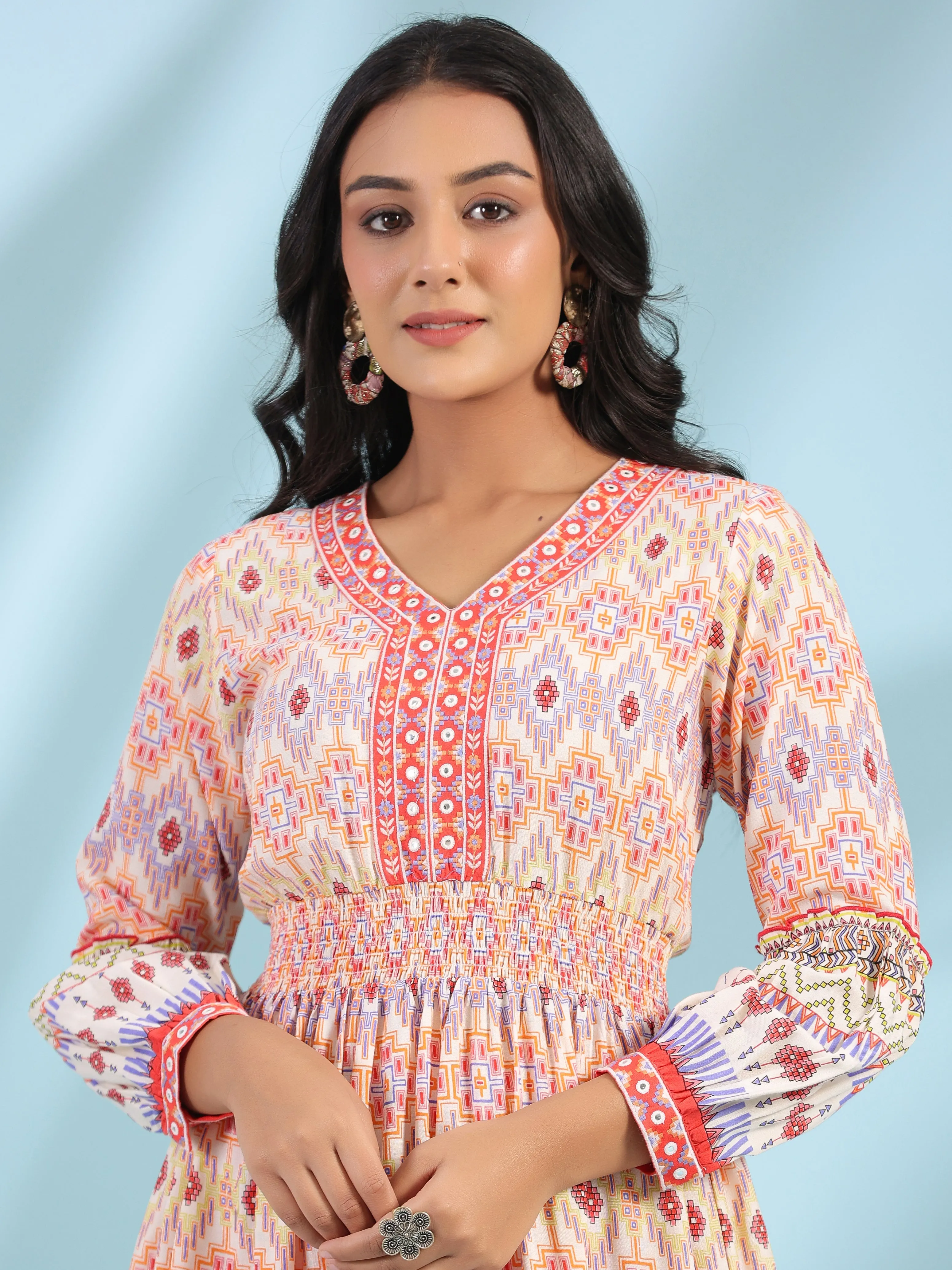 Jashvi Off-White Rayon Geometric Printed Tiered Maxi Dress With Mirror Work