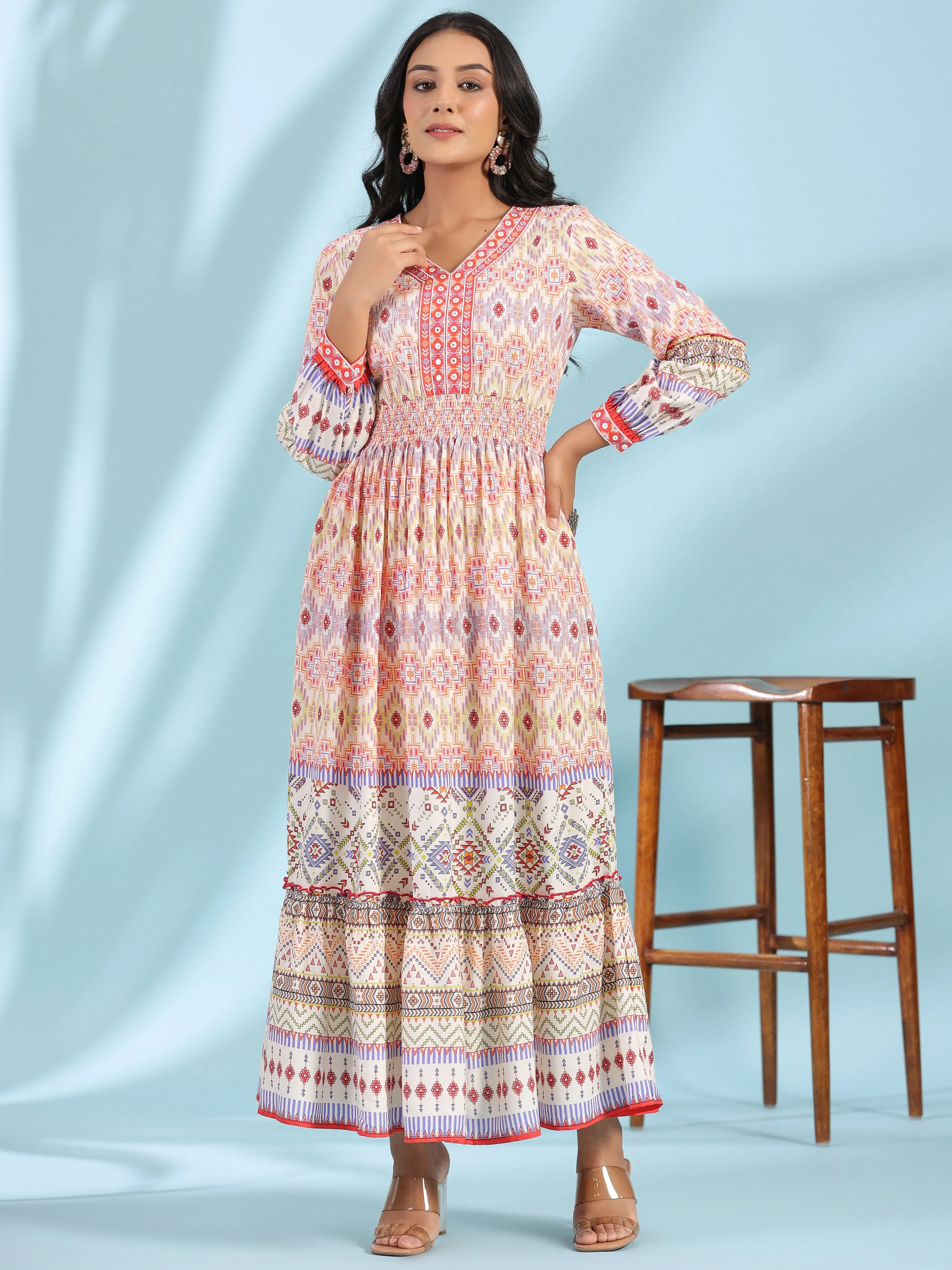 Jashvi Off-White Rayon Geometric Printed Tiered Maxi Dress With Mirror Work