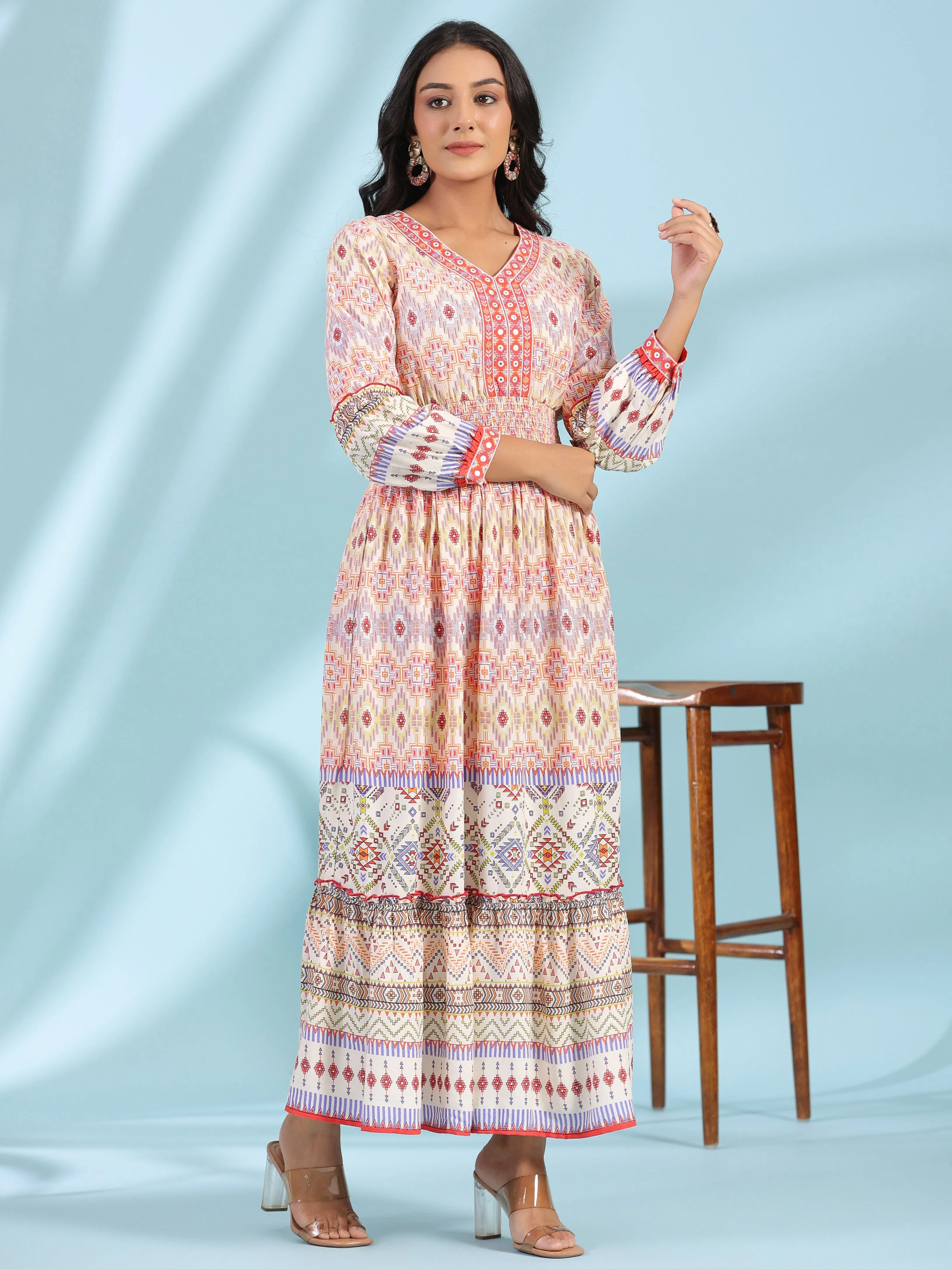 Jashvi Off-White Rayon Geometric Printed Tiered Maxi Dress With Mirror Work