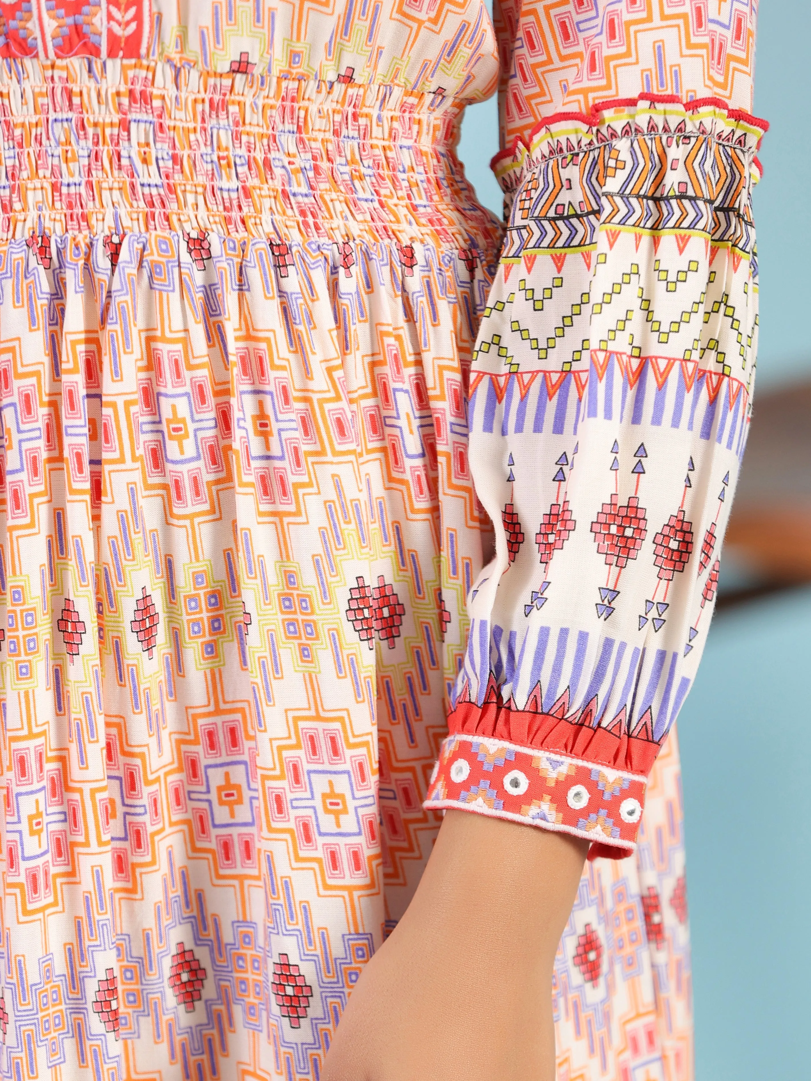 Jashvi Off-White Rayon Geometric Printed Tiered Maxi Dress With Mirror Work
