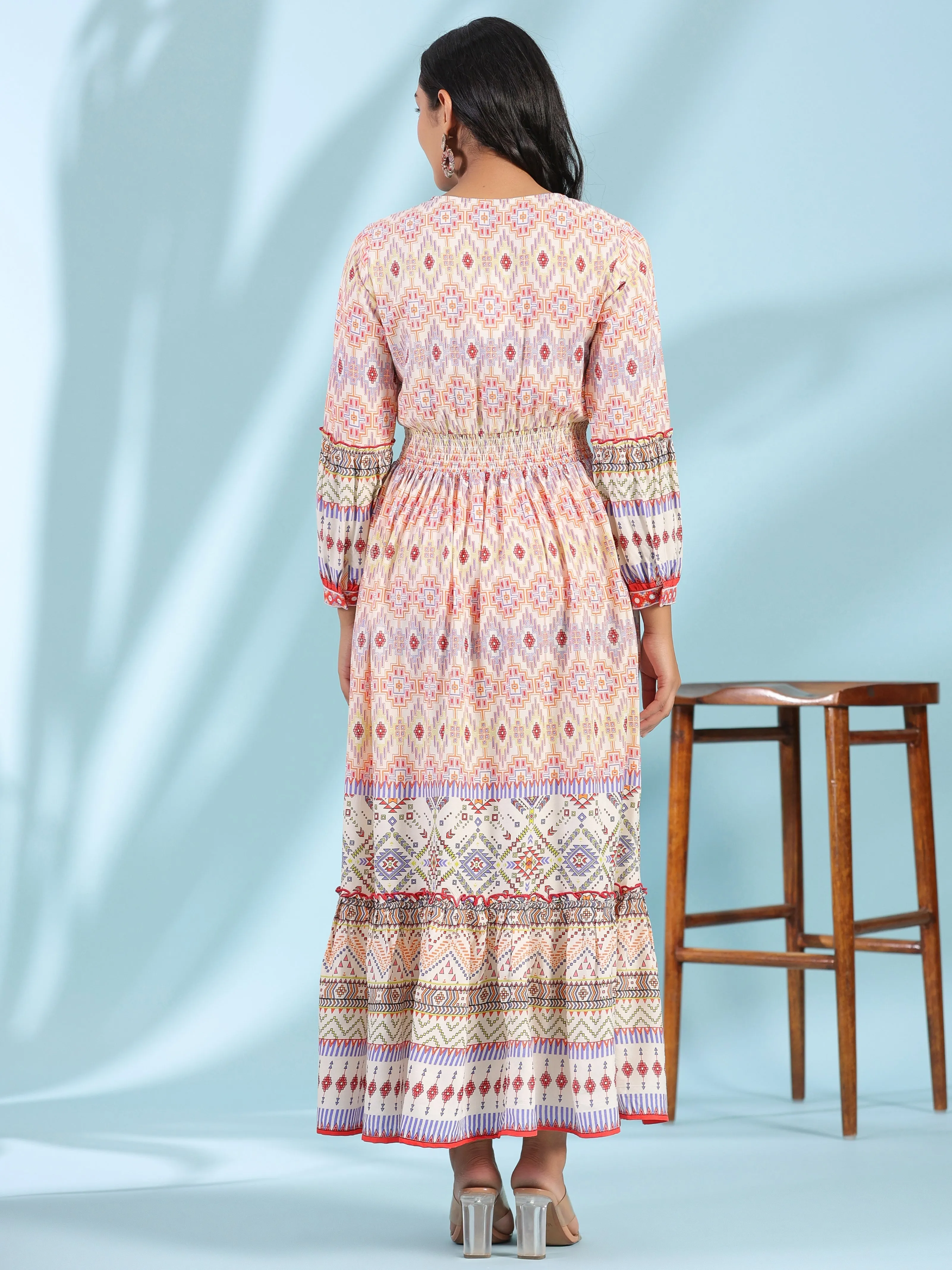 Jashvi Off-White Rayon Geometric Printed Tiered Maxi Dress With Mirror Work