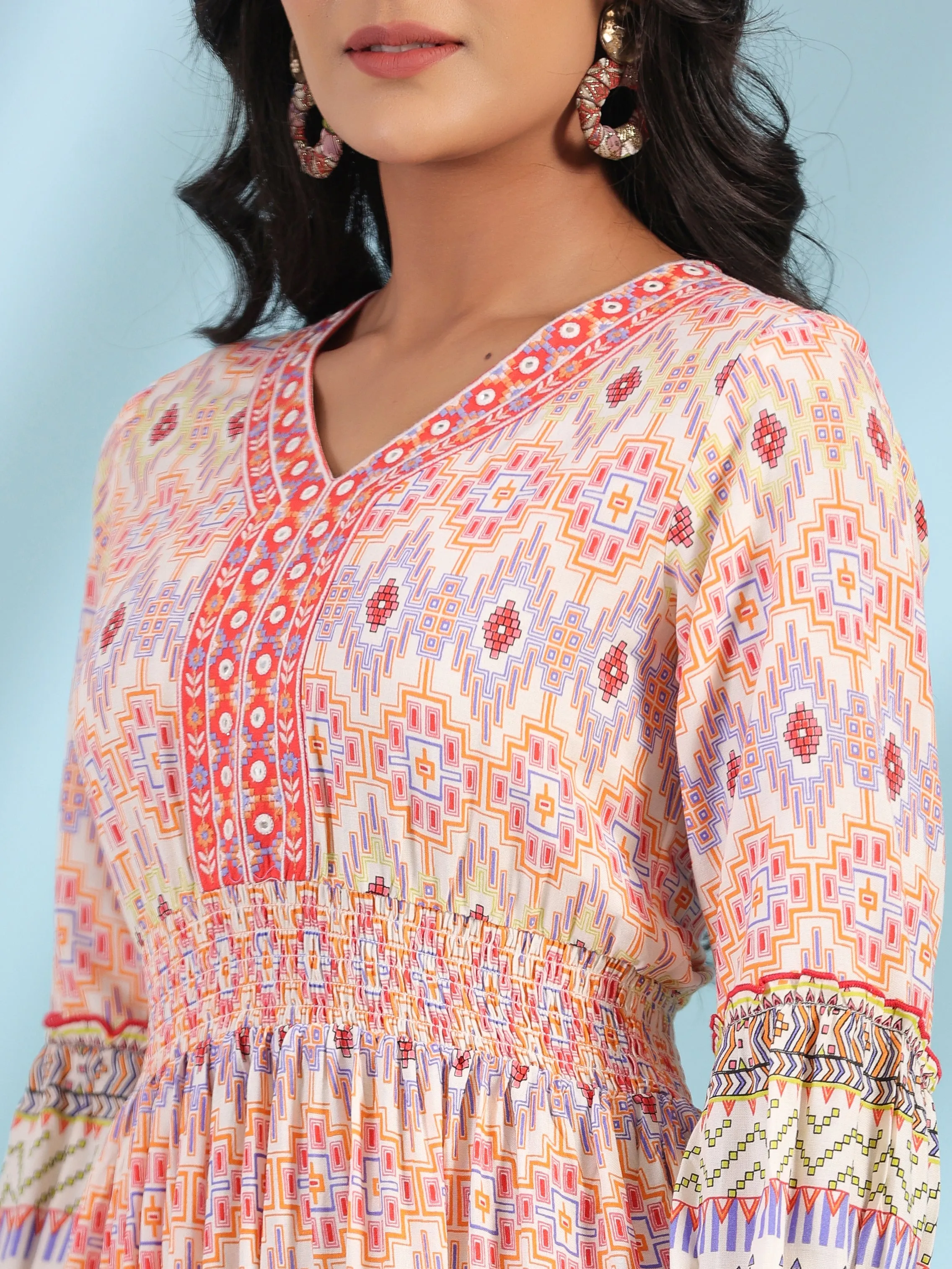 Jashvi Off-White Rayon Geometric Printed Tiered Maxi Dress With Mirror Work