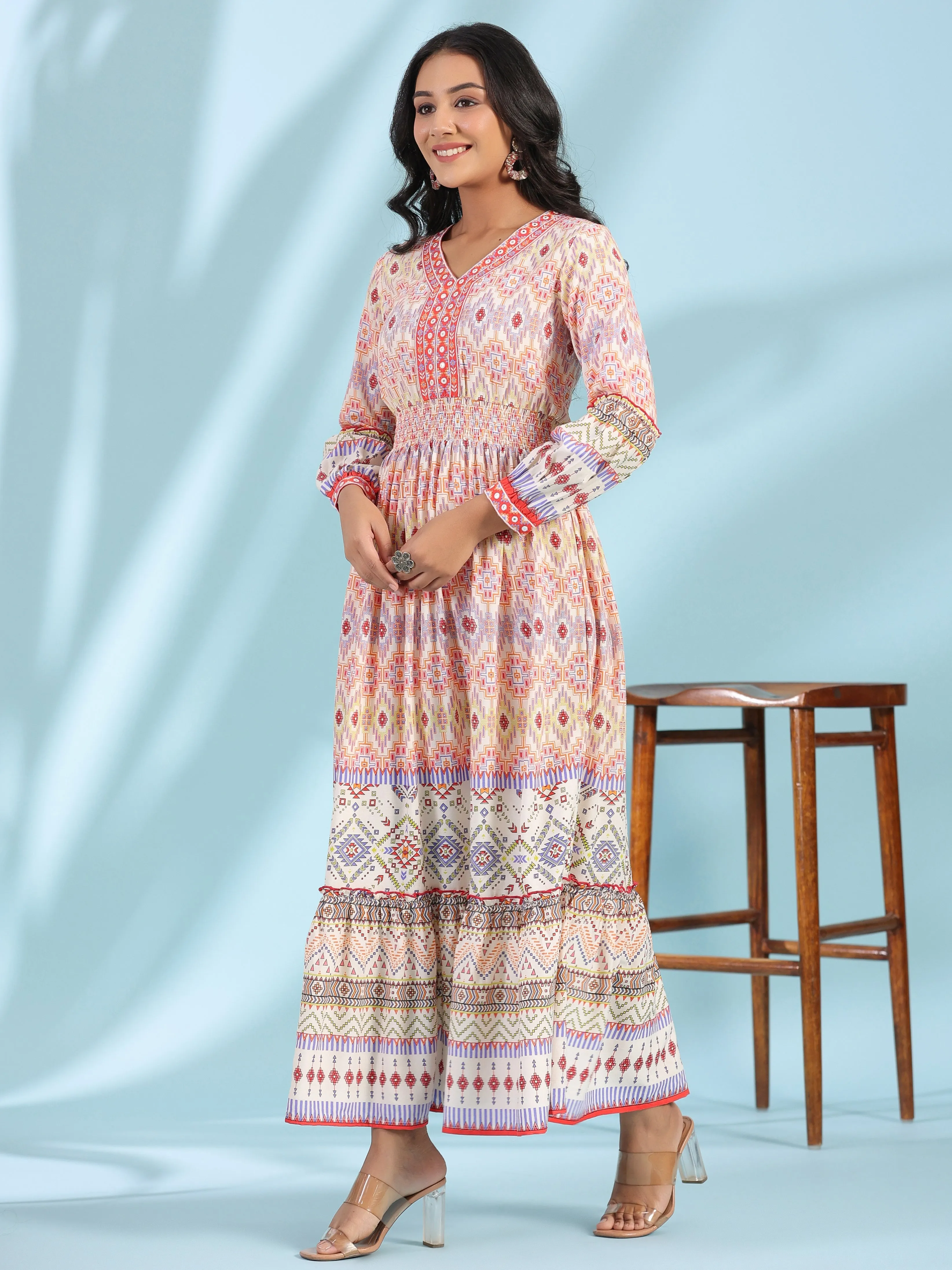Jashvi Off-White Rayon Geometric Printed Tiered Maxi Dress With Mirror Work