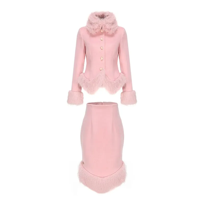 Le Palais Vintage Elegant long sleeve pink fur collar two piece banquet suit- Fave