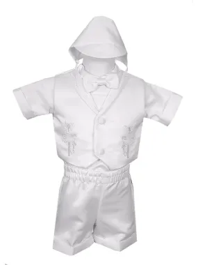 Little Boys White 4 pc Cross Embroidered Vest Hat Baptism Outfit 2-4T