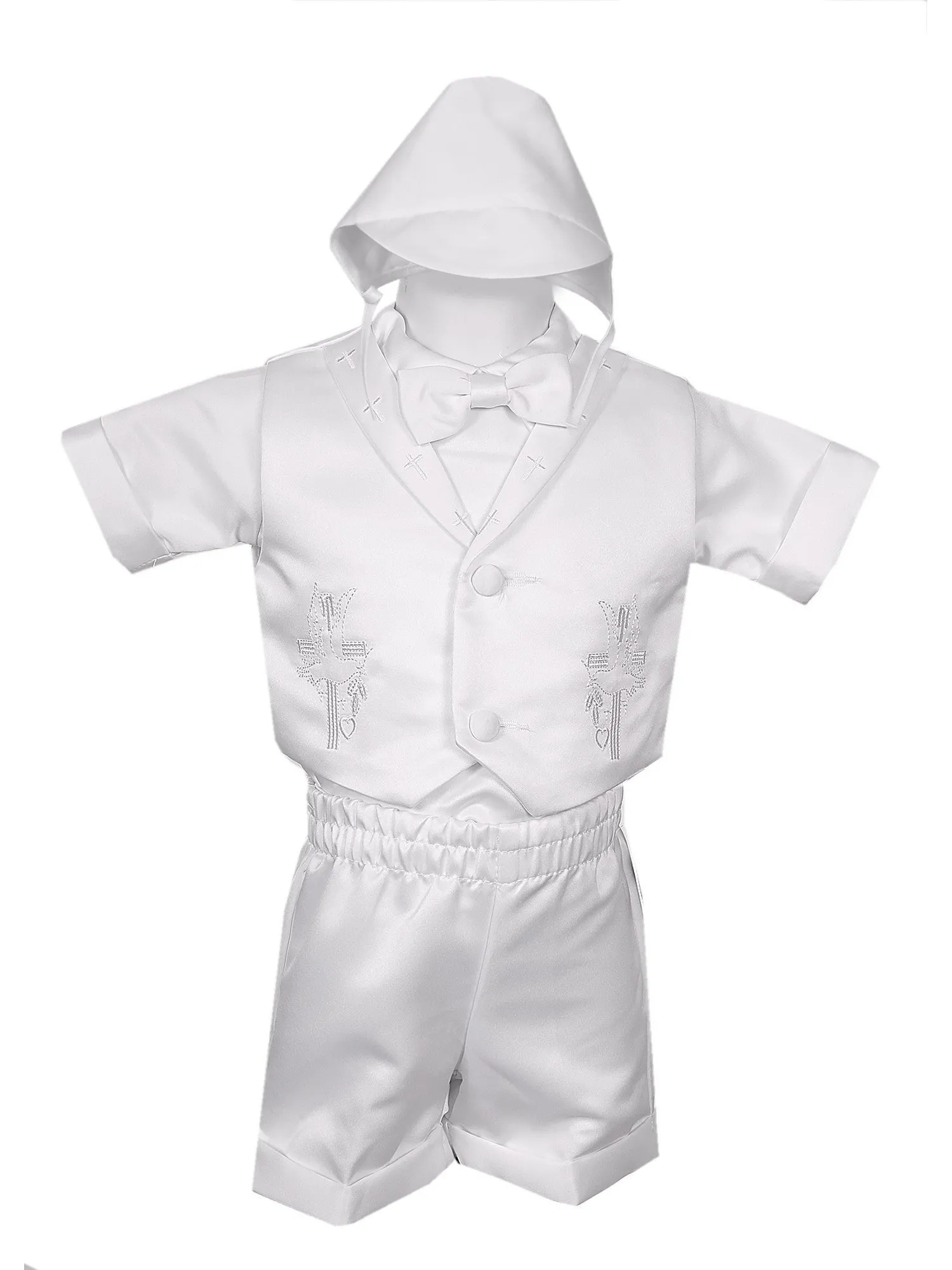 Little Boys White 4 pc Cross Embroidered Vest Hat Baptism Outfit 2-4T