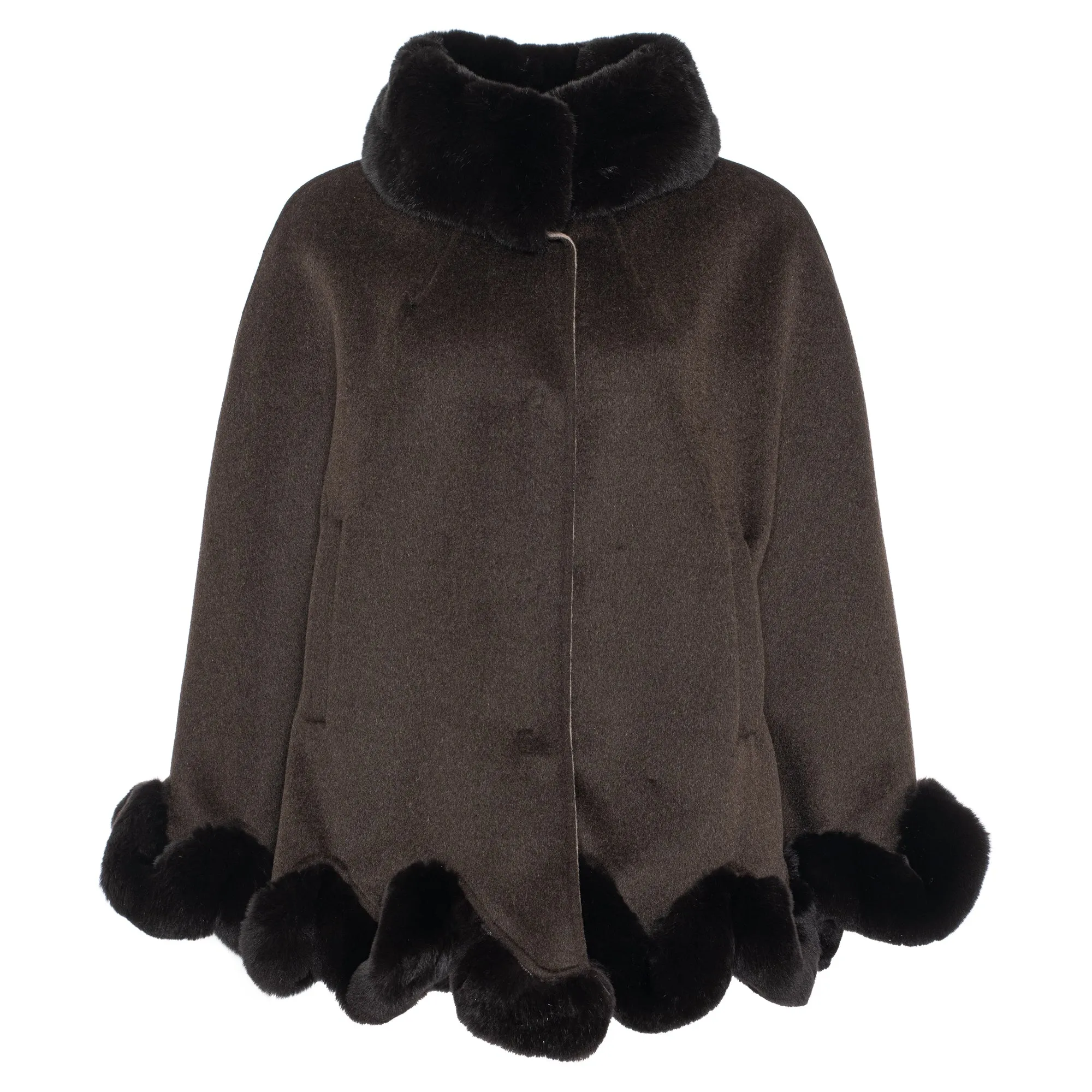 Mezzo Cashmere Blend Ruffle Rabbit Fur Trim Cape