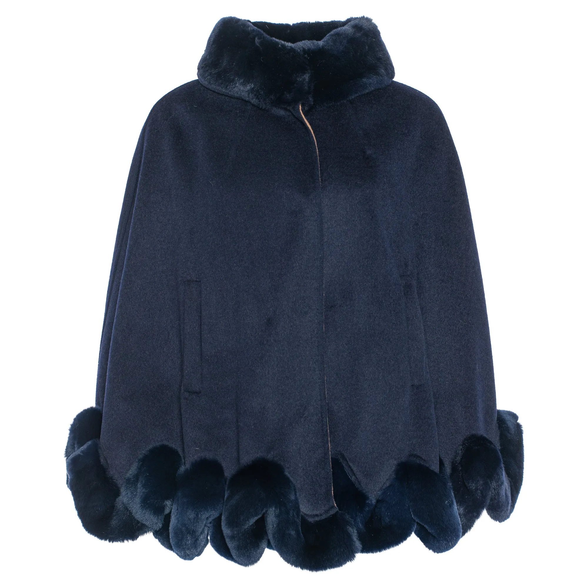 Mezzo Cashmere Blend Ruffle Rabbit Fur Trim Cape