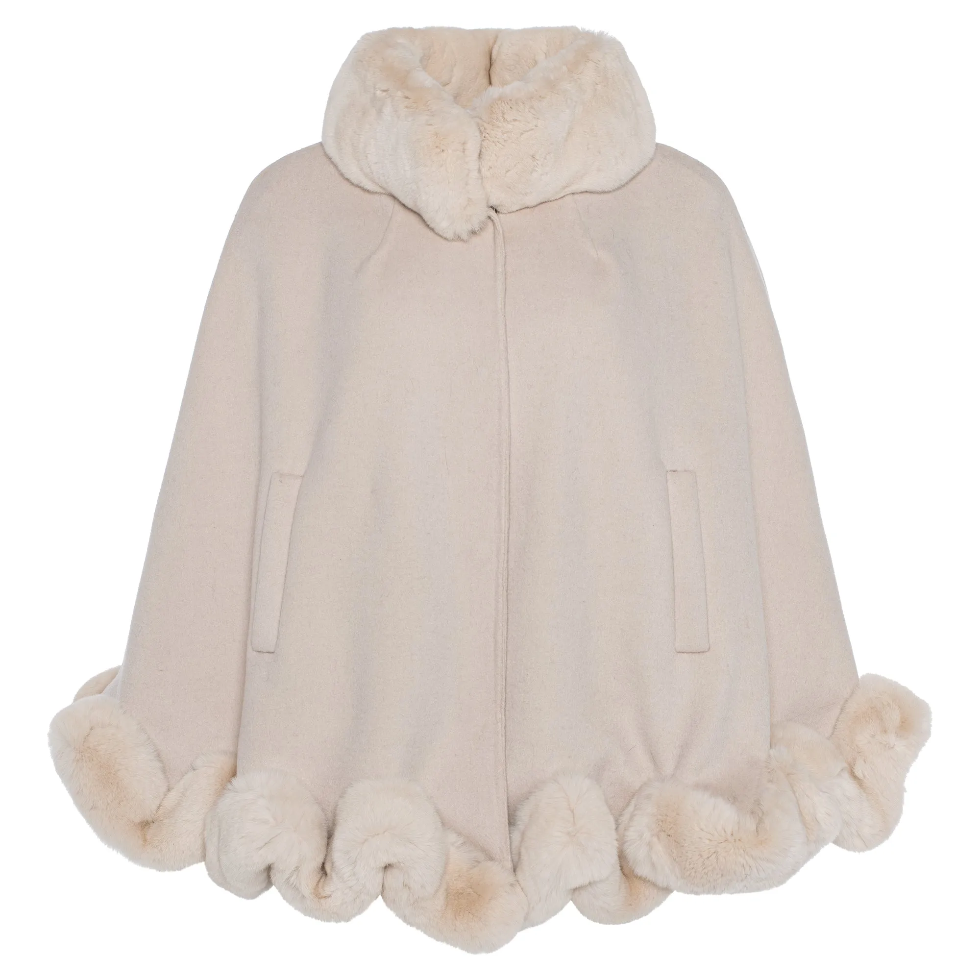 Mezzo Cashmere Blend Ruffle Rabbit Fur Trim Cape