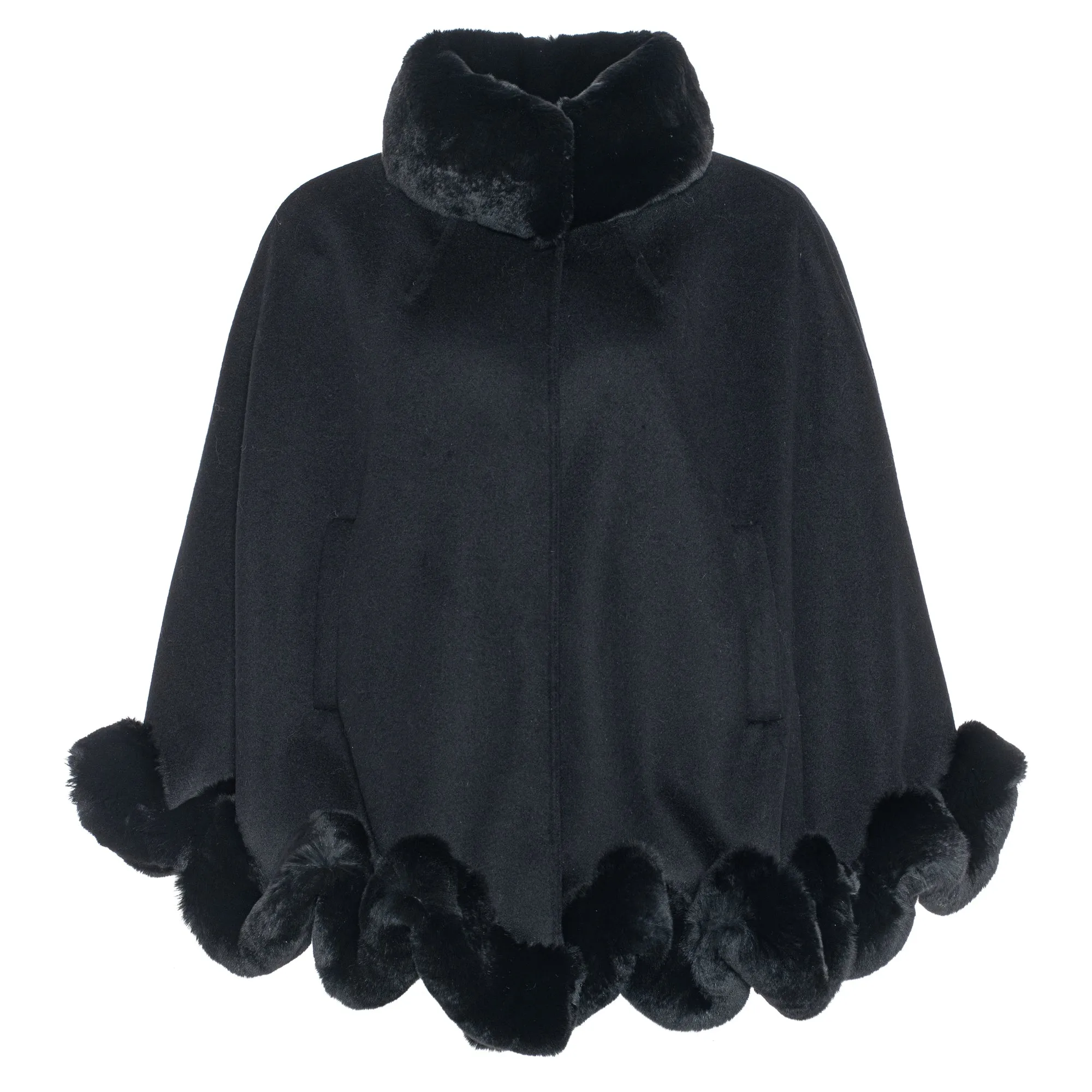 Mezzo Cashmere Blend Ruffle Rabbit Fur Trim Cape