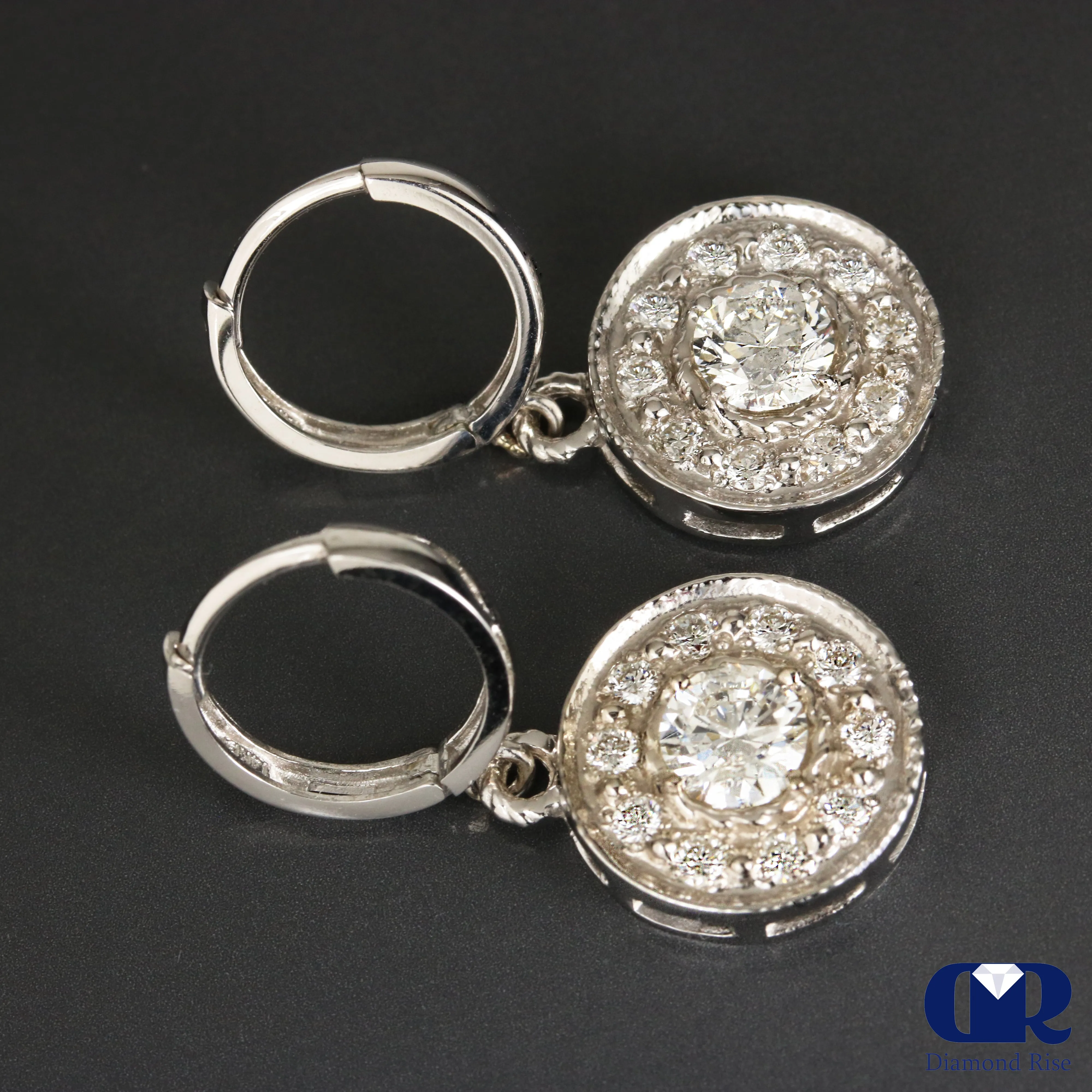 Natural 1.50 Carat Diamond Hoop Drop Earrings 14K White Gold