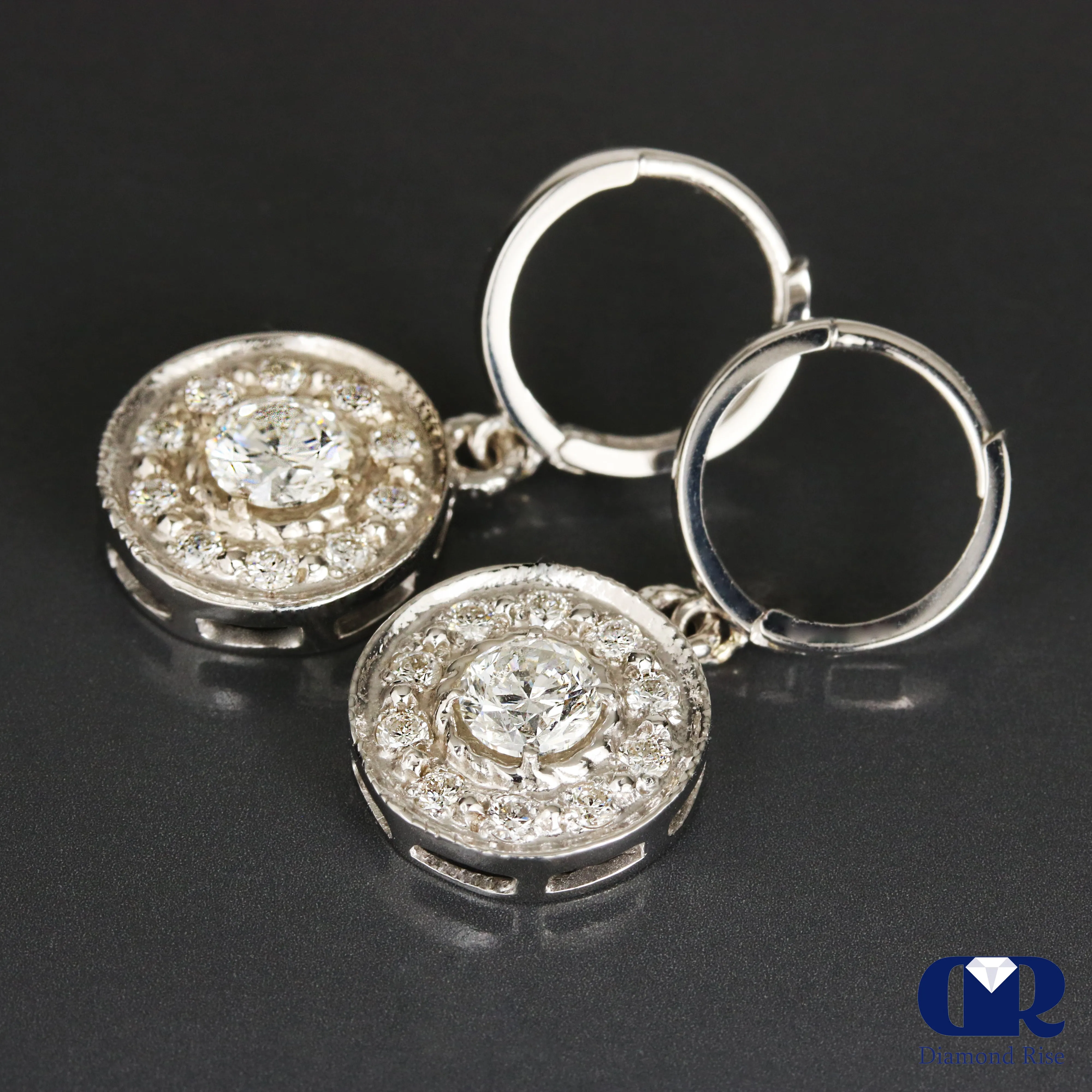 Natural 1.50 Carat Diamond Hoop Drop Earrings 14K White Gold
