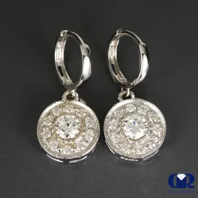 Natural 1.50 Carat Diamond Hoop Drop Earrings 14K White Gold