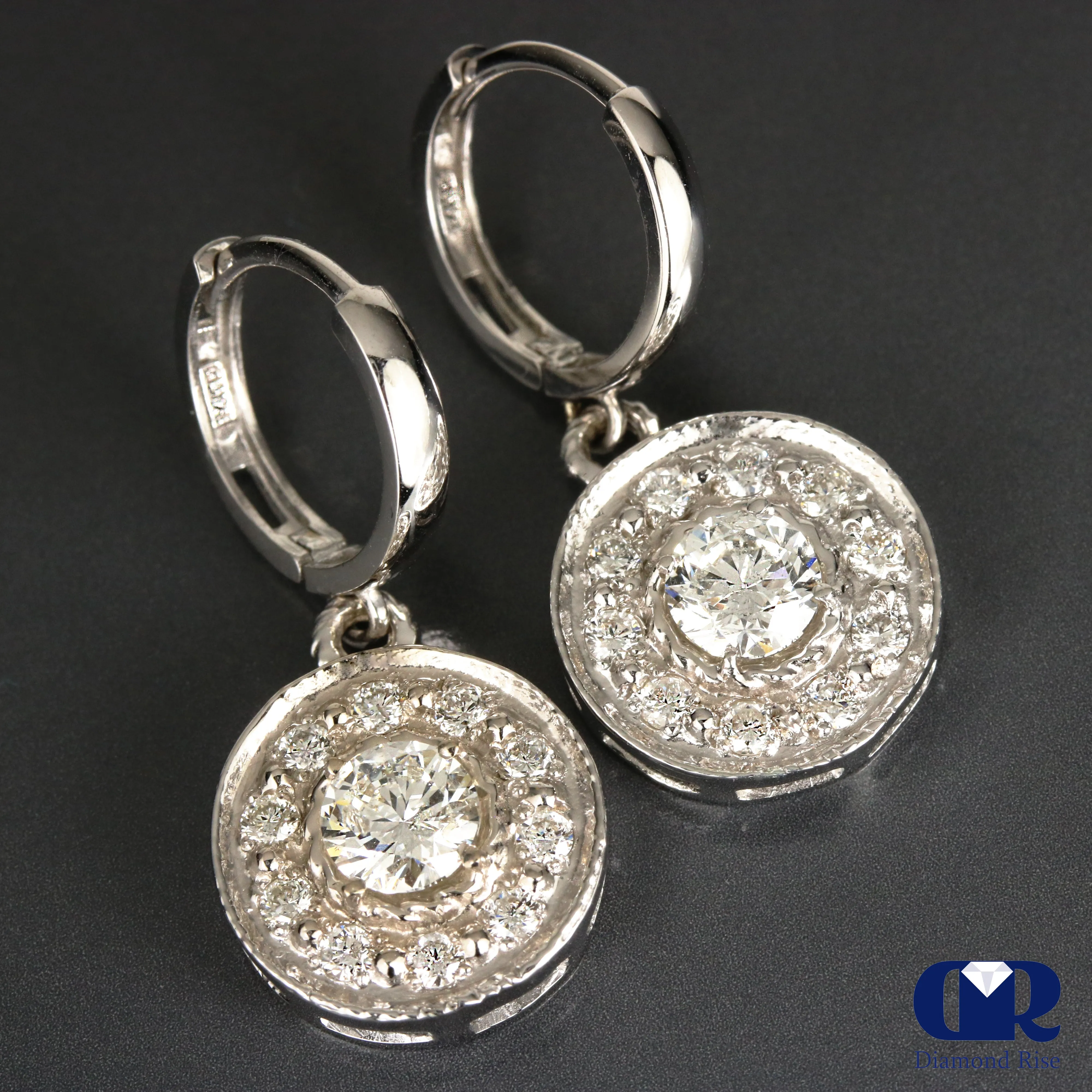 Natural 1.50 Carat Diamond Hoop Drop Earrings 14K White Gold