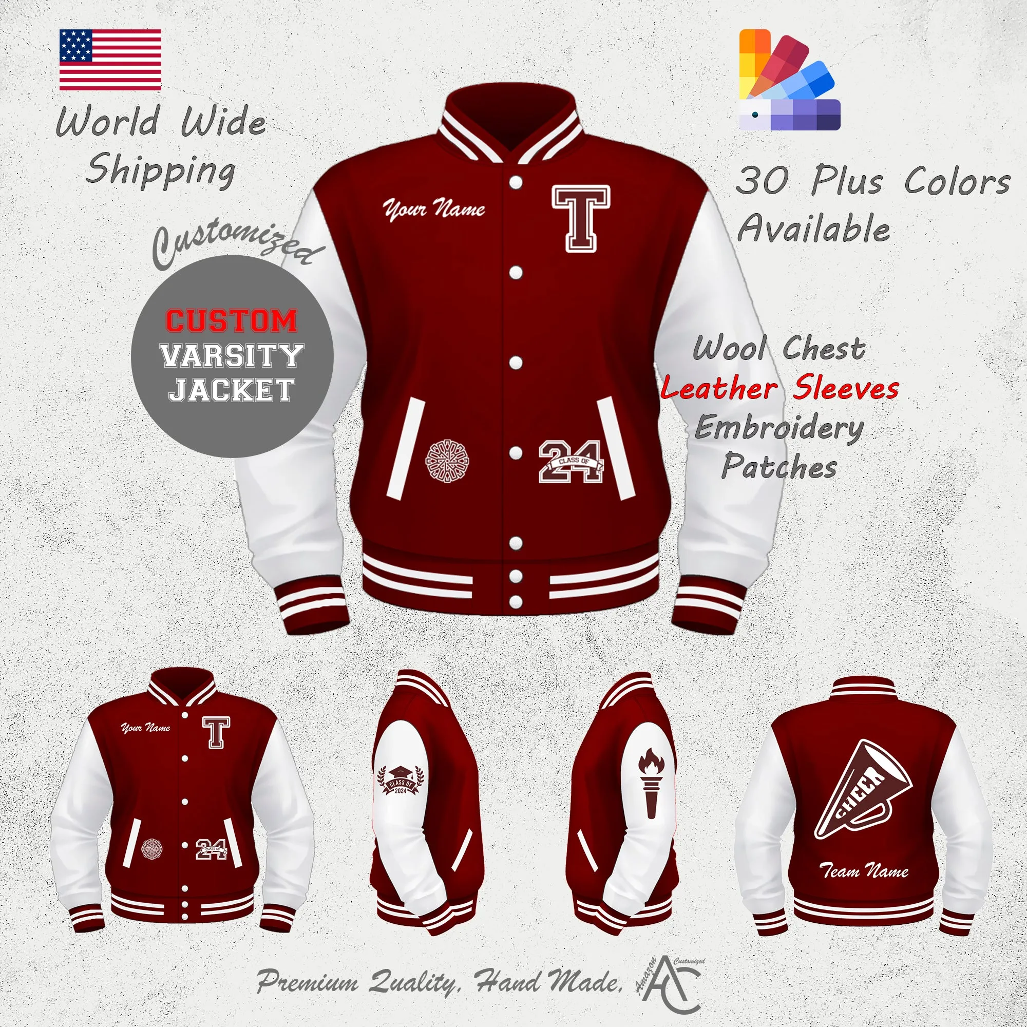 Premium Letter Custom Varsity Letterman Jackets For Men with Genuine Cowhide Leather Sleeves- Maroon White
