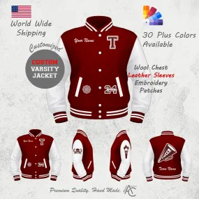 Premium Letter Custom Varsity Letterman Jackets For Men with Genuine Cowhide Leather Sleeves- Maroon White
