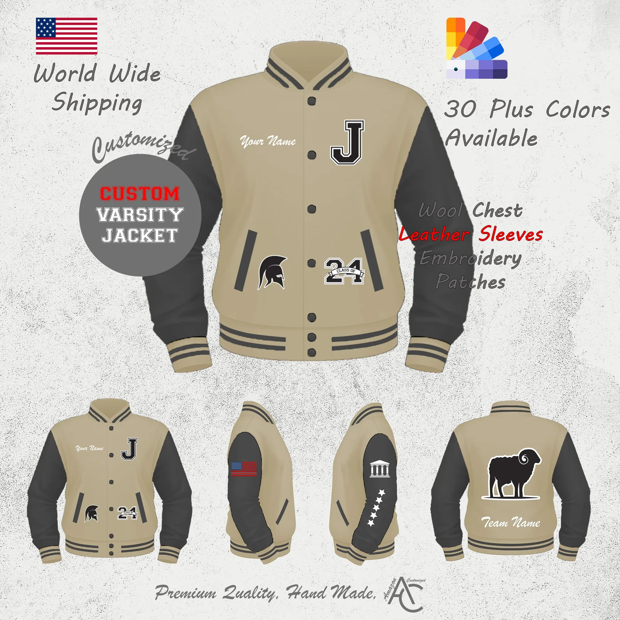 Premium Letter Custom Varsity Letterman Jackets For Men with Genuine Cowhide Leather Sleeves- Off White Black