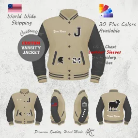 Premium Letter Custom Varsity Letterman Jackets For Men with Genuine Cowhide Leather Sleeves- Off White Black