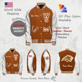 Premium Letter Custom Varsity Letterman Jackets For Men with Genuine Cowhide Leather Sleeves- Orange and White