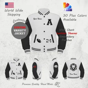 Premium Letter Custom Varsity Letterman Jackets For Men with Genuine Cowhide Leather Sleeves- White Black