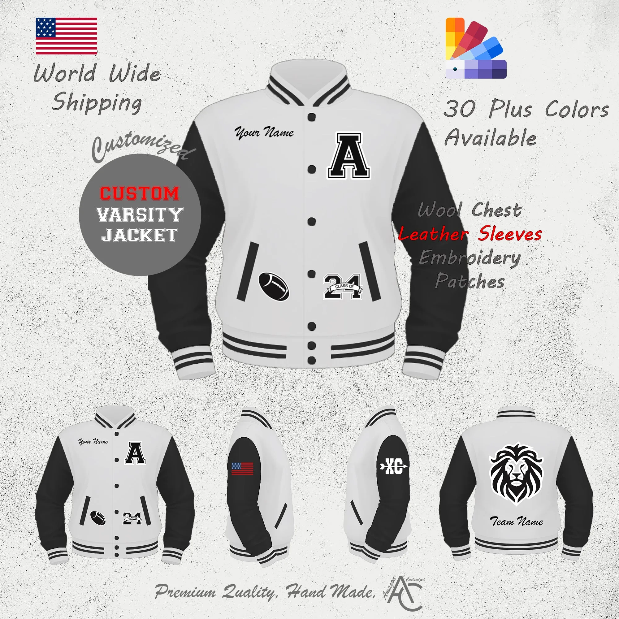 Premium Letter Custom Varsity Letterman Jackets For Men with Genuine Cowhide Leather Sleeves- White Black