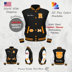Premium  Letter Custom Varsity Letterman Jackets For Women with Genuine Cowhide Leather Sleeves- Black White Orange