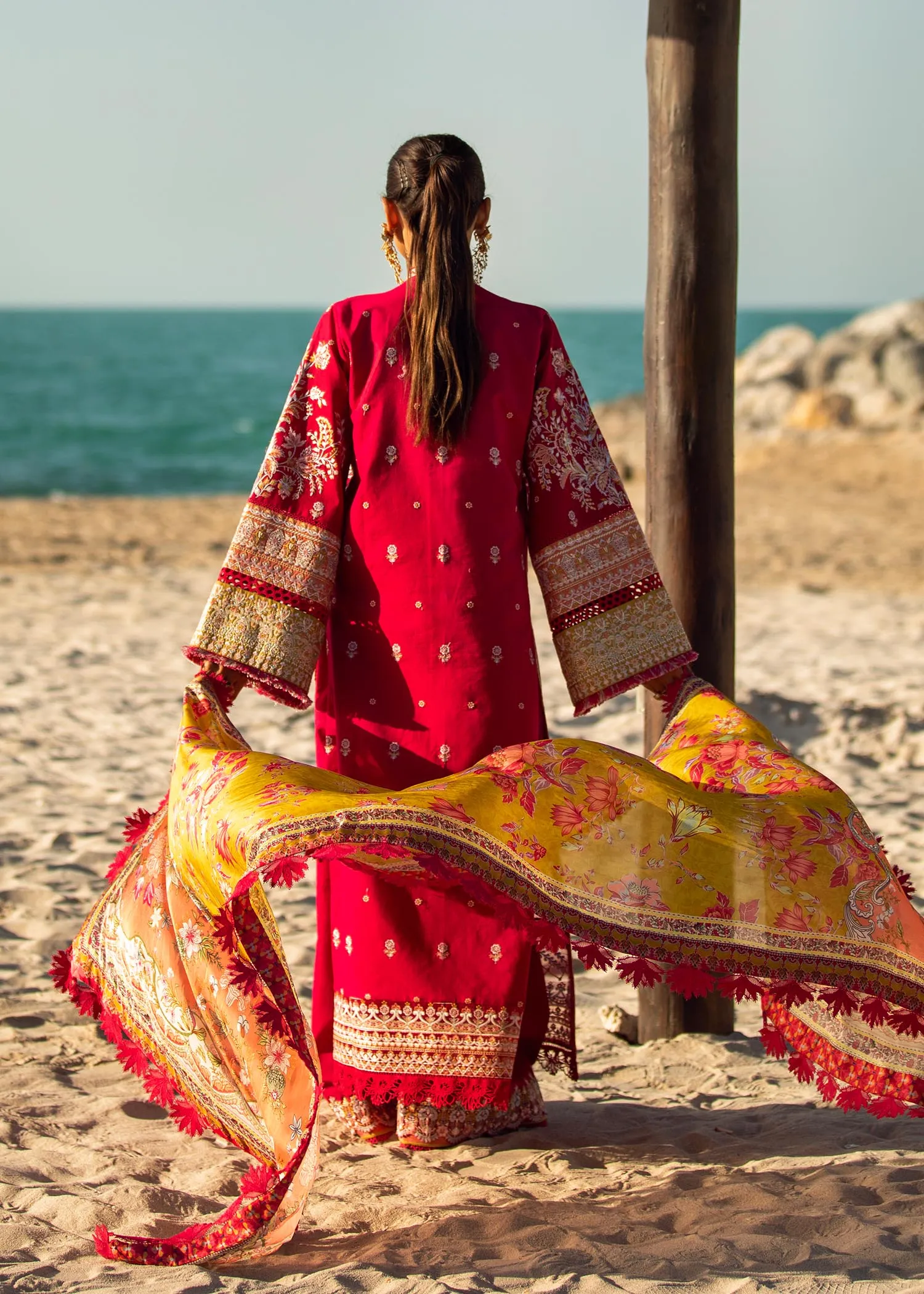 Red Lawn Kameez Yellow Dupatta for Pakistani Party Wear