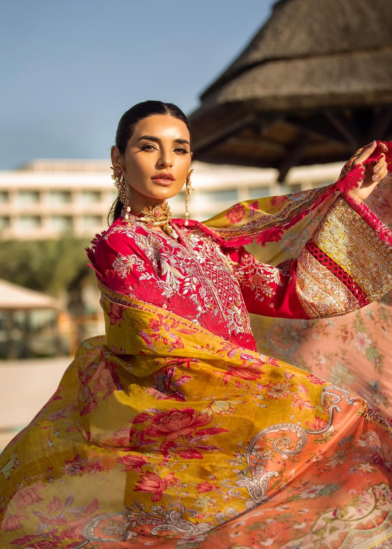 Red Lawn Kameez Yellow Dupatta for Pakistani Party Wear