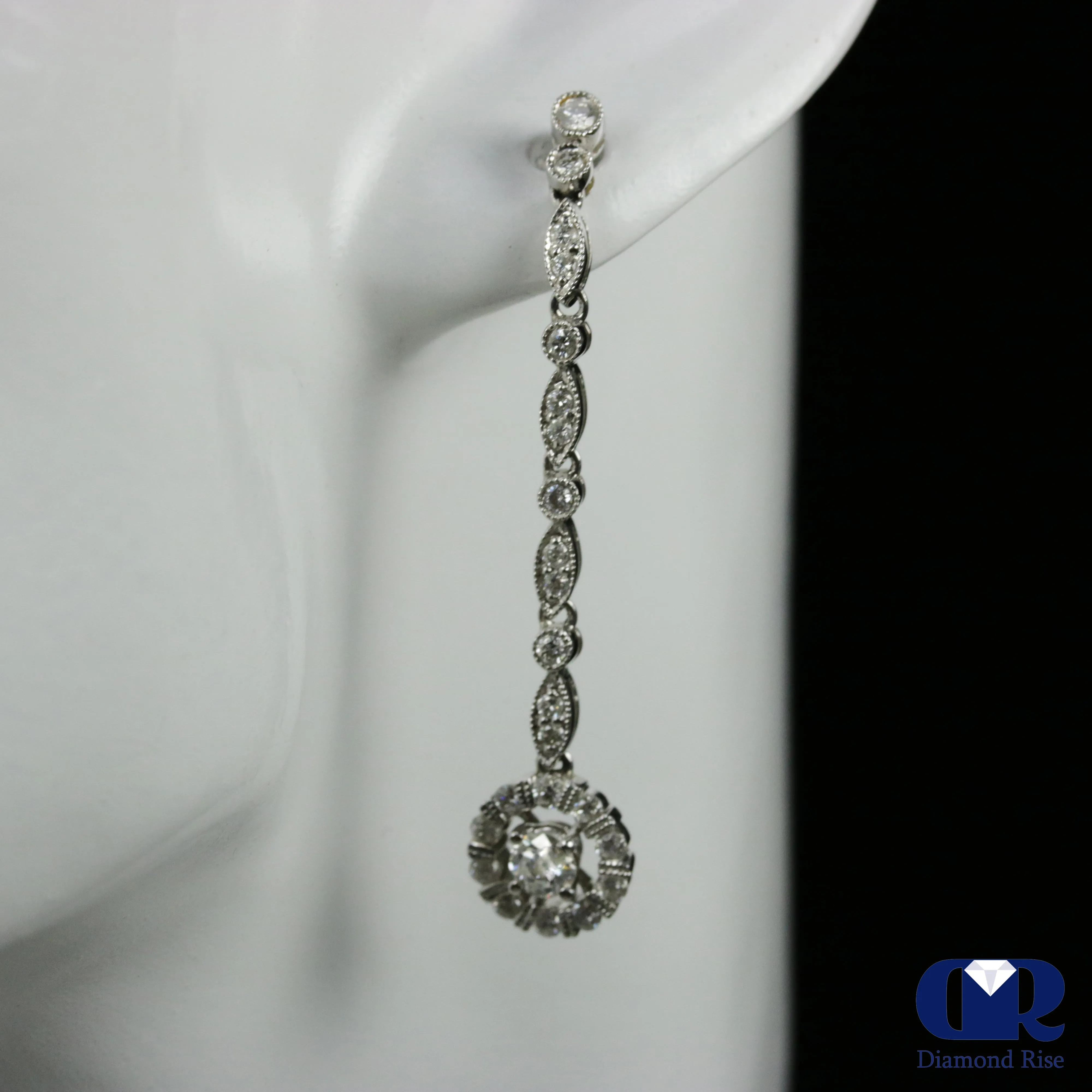 Round Diamond Drop Earrings In 18K White Gold With Post