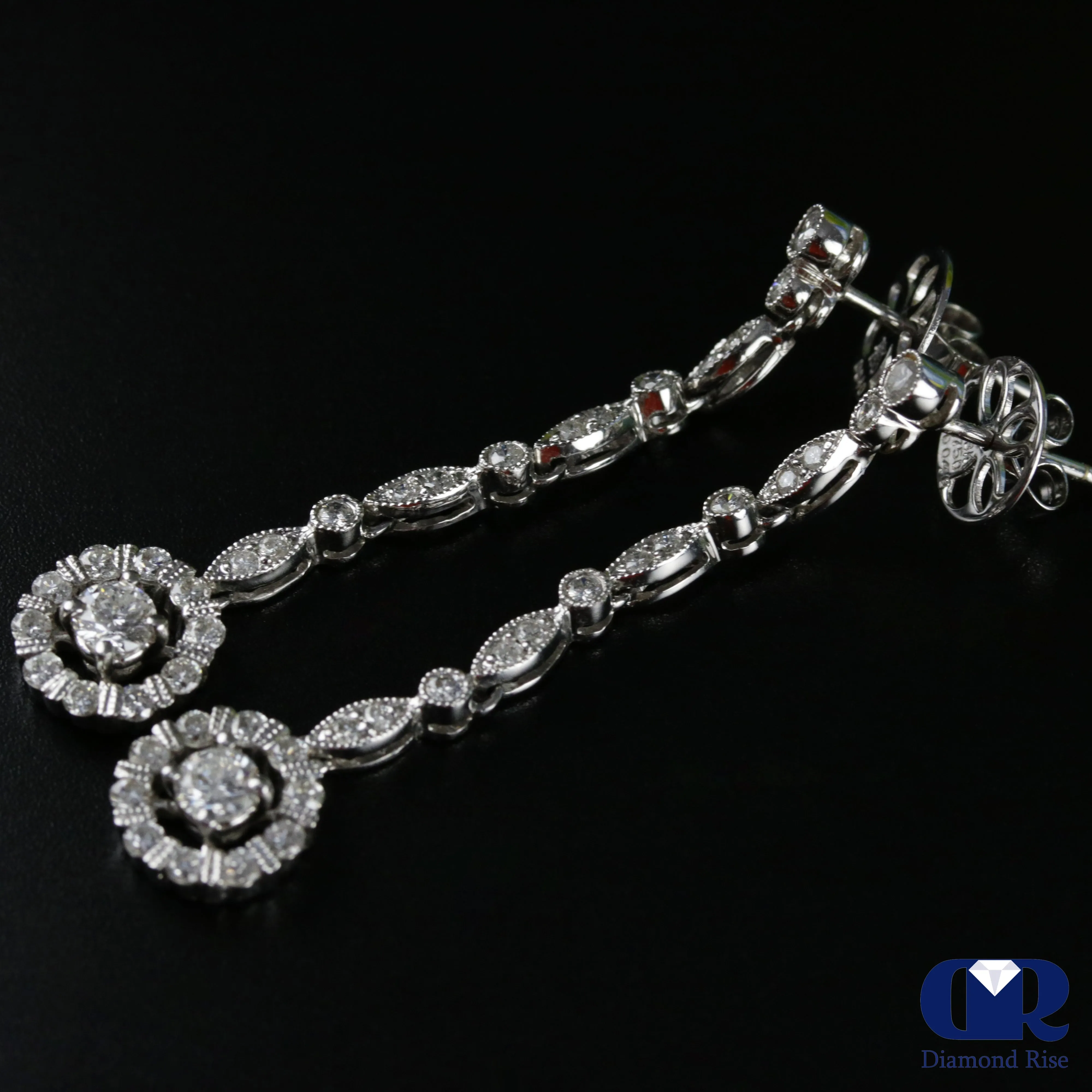 Round Diamond Drop Earrings In 18K White Gold With Post