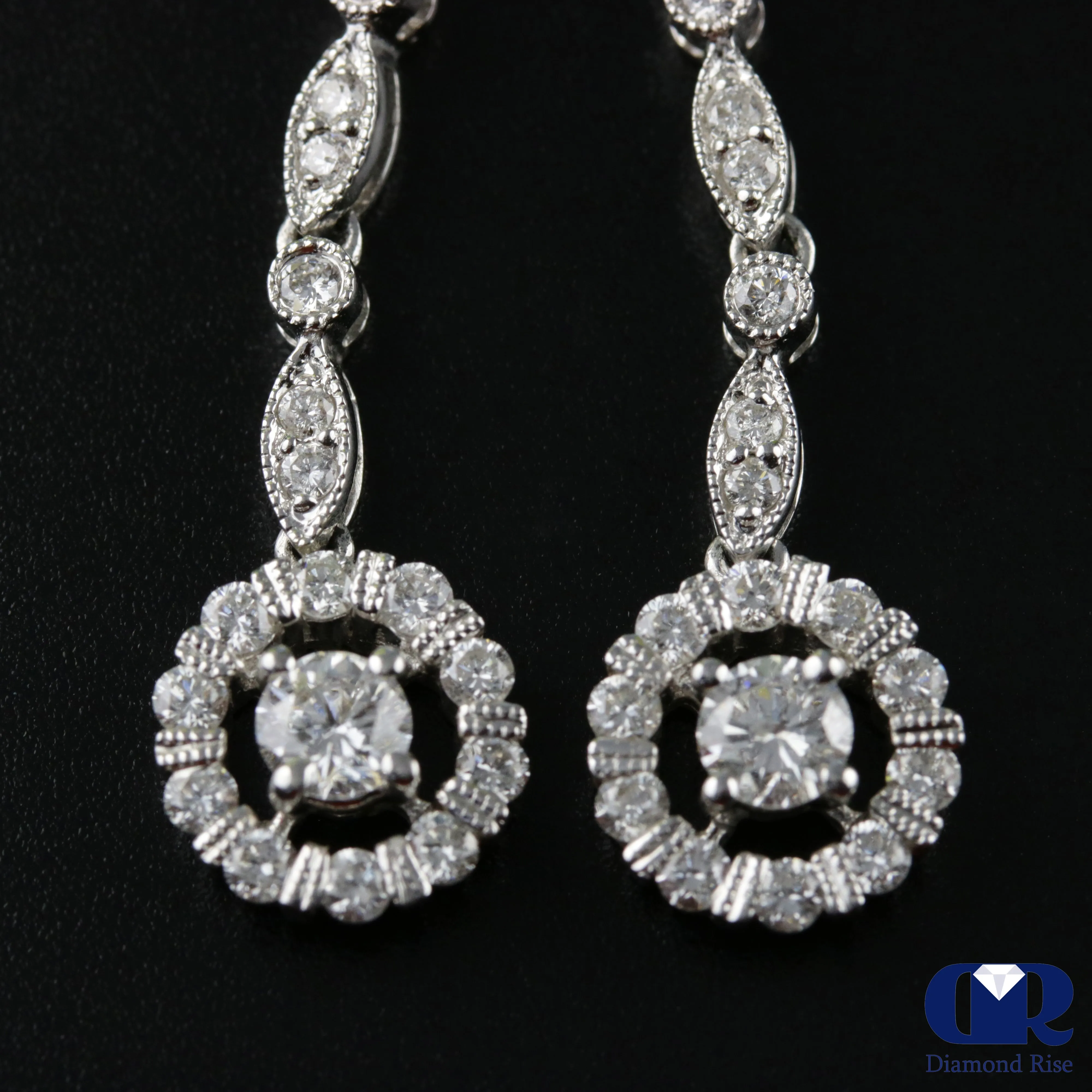 Round Diamond Drop Earrings In 18K White Gold With Post