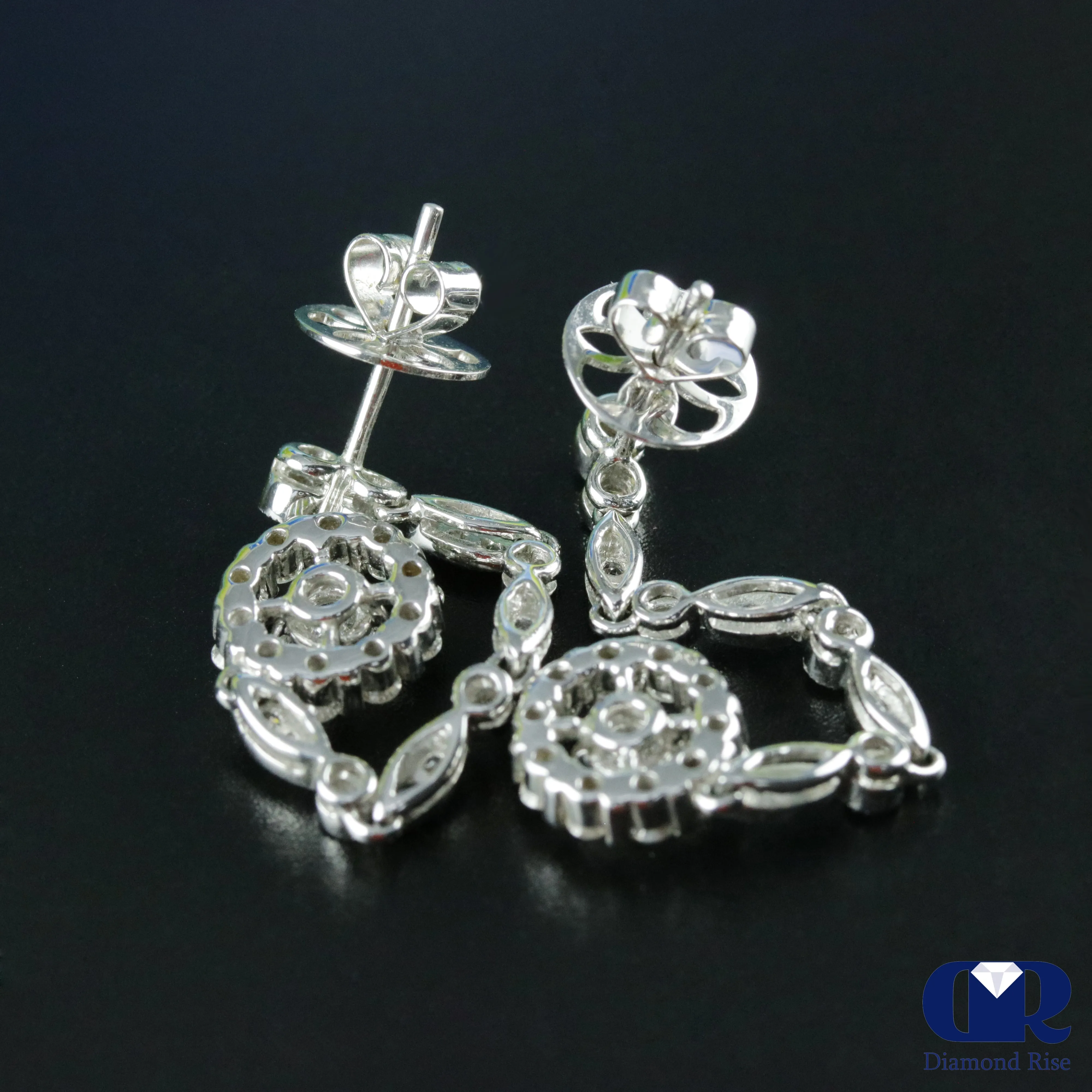 Round Diamond Drop Earrings In 18K White Gold With Post