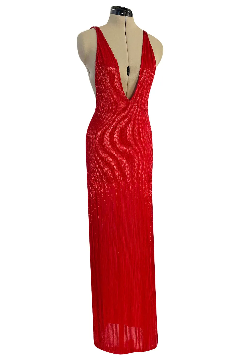 Showstopping Fall 1975 John Anthony Couture Deep Plunging Red Dress Entirely Covered in Glass Beads