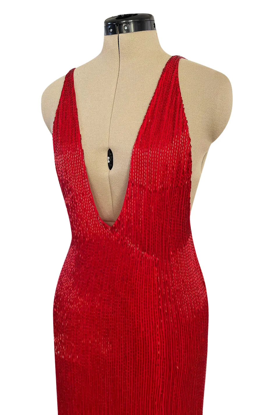 Showstopping Fall 1975 John Anthony Couture Deep Plunging Red Dress Entirely Covered in Glass Beads